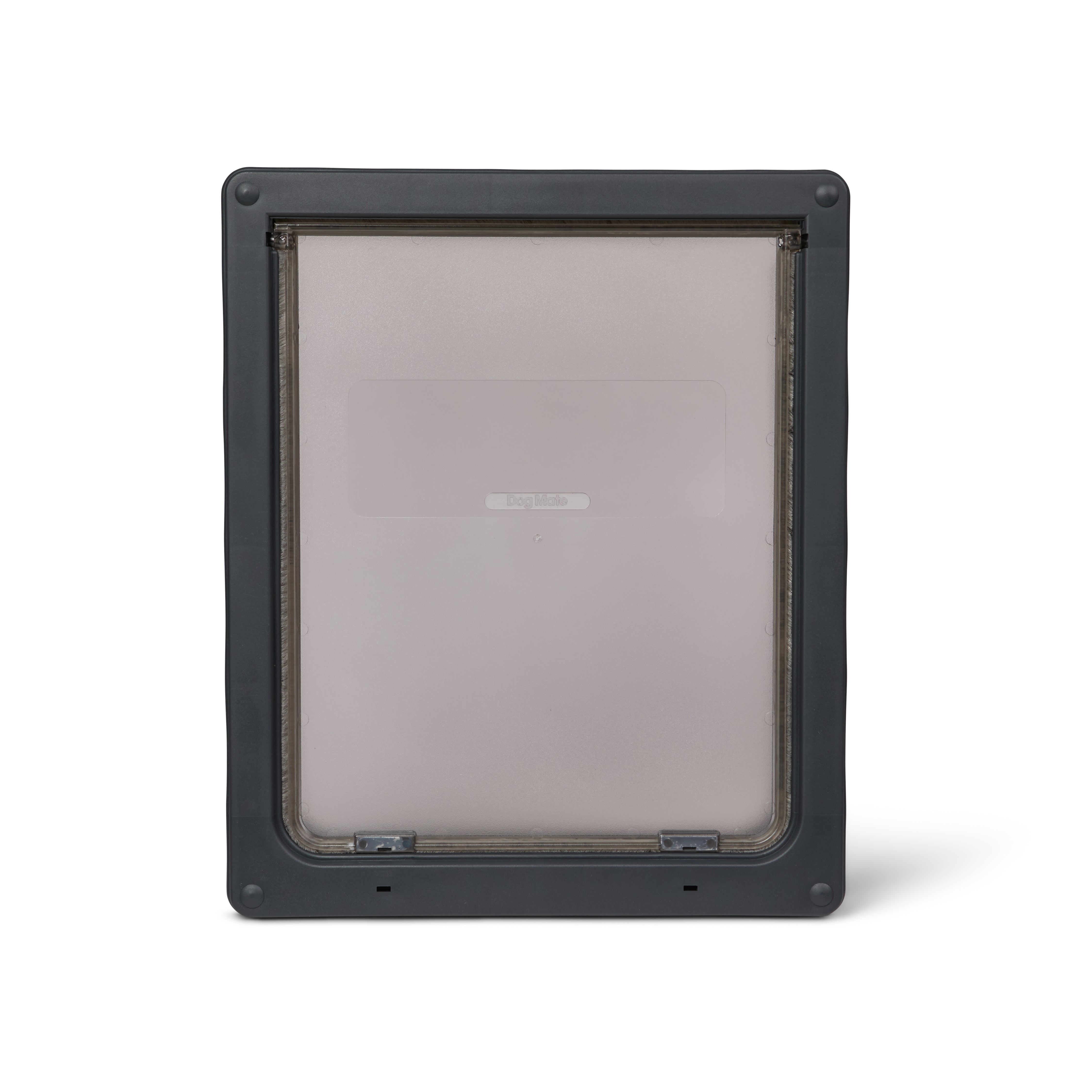 A grey pet door frame made by Dog Mate which is draught-proof and weather-proof with a magnetic closure, on a white background 
