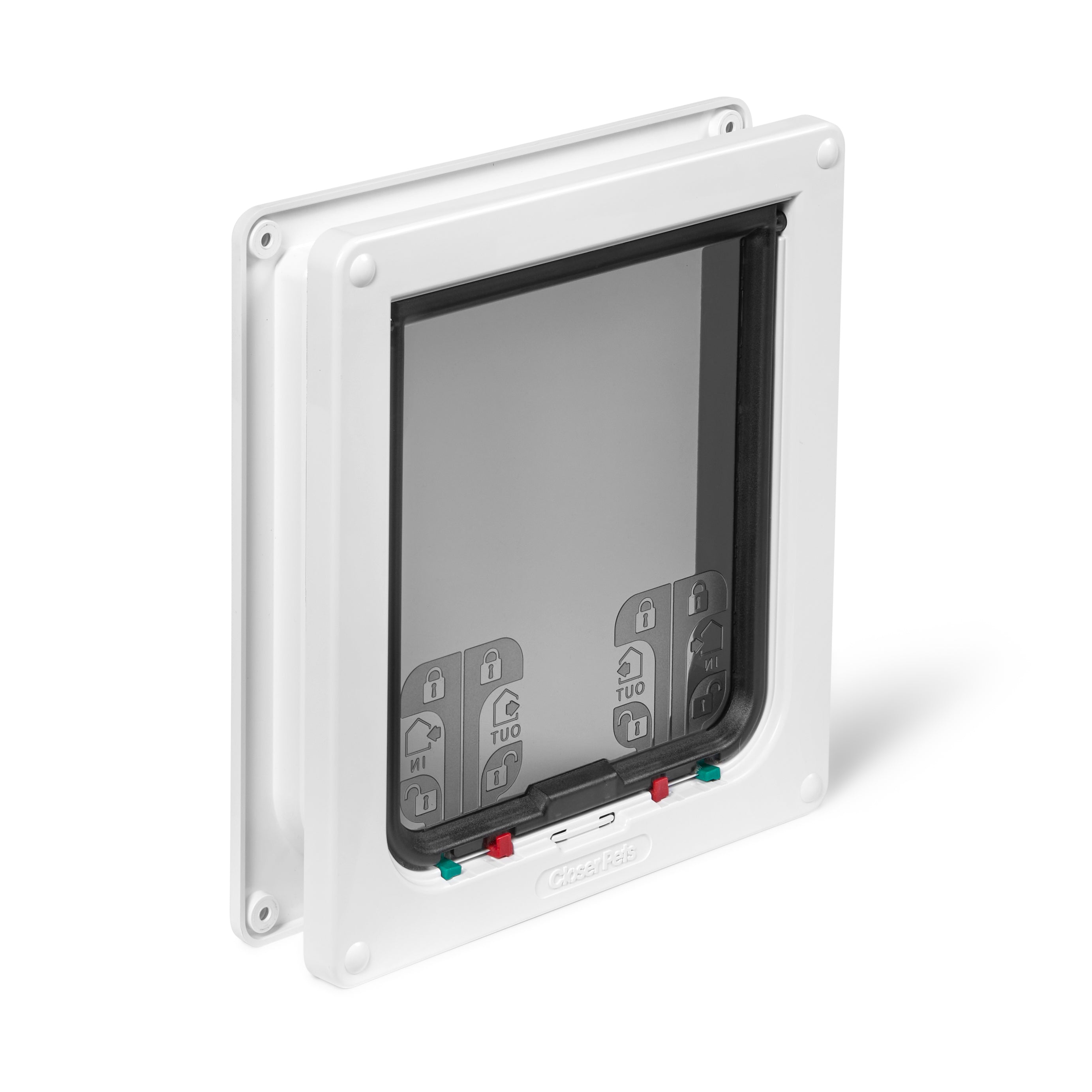 An angled view of the front of the  manually locking cat flap which is suitable for installation in to UPVC / metal, or wooden door as well as walls 