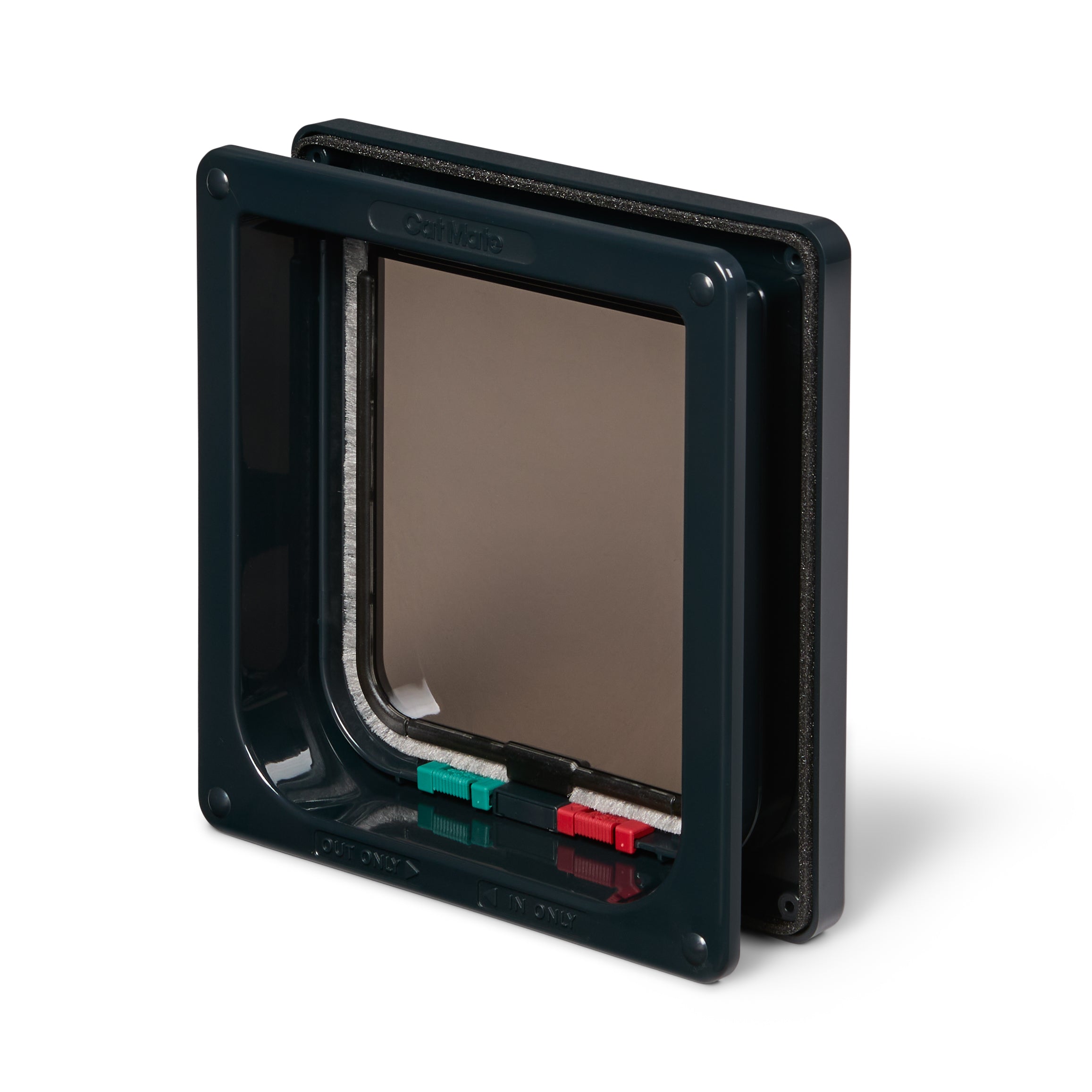 An angled view of the back of the grey cat door frame with a translucent flap 