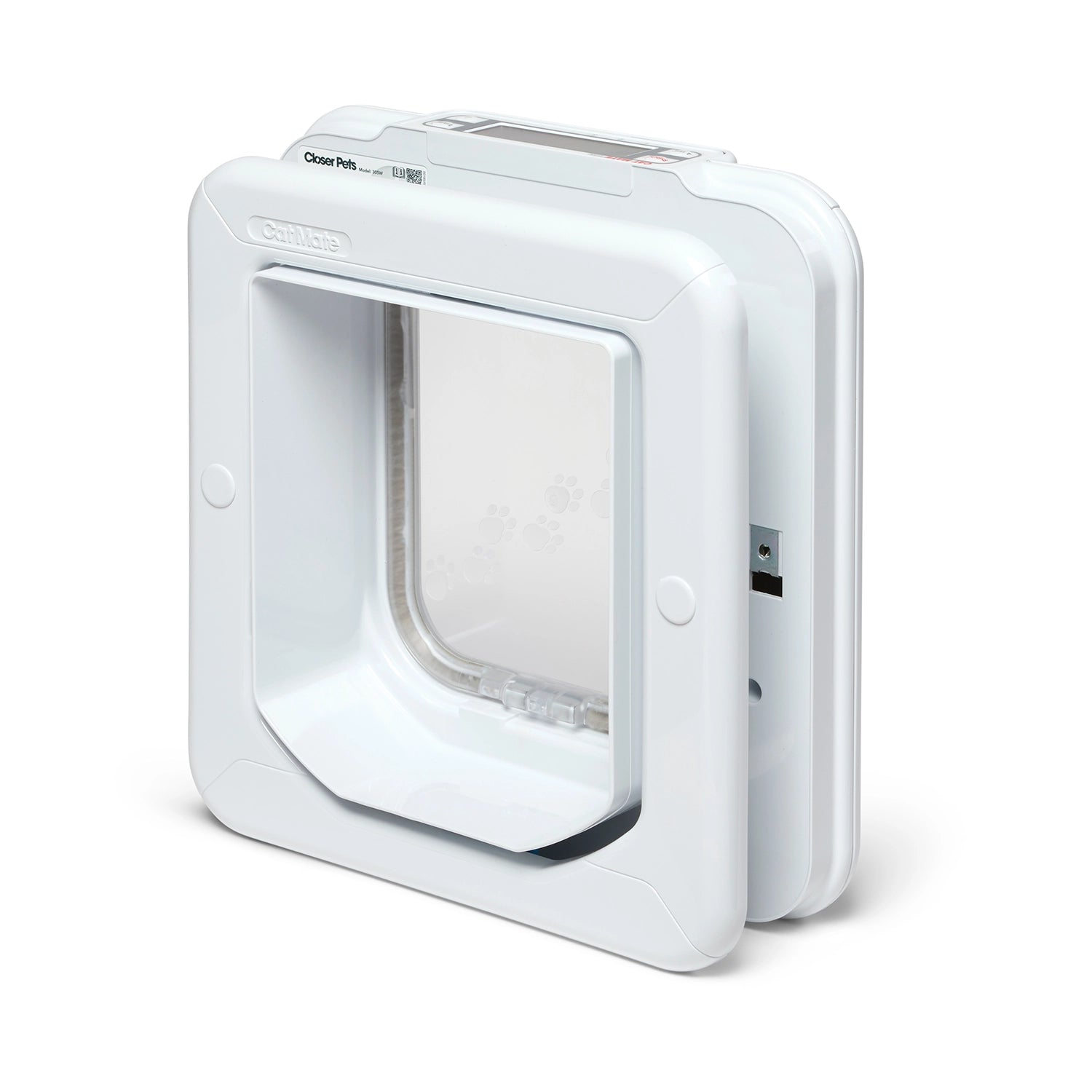 side angle view of tghe rear of the white plastic pet door frame in white, with a clear plastic panel for the cat to enter and exit through the flap, with a timer control at the top of the product, on a white background 