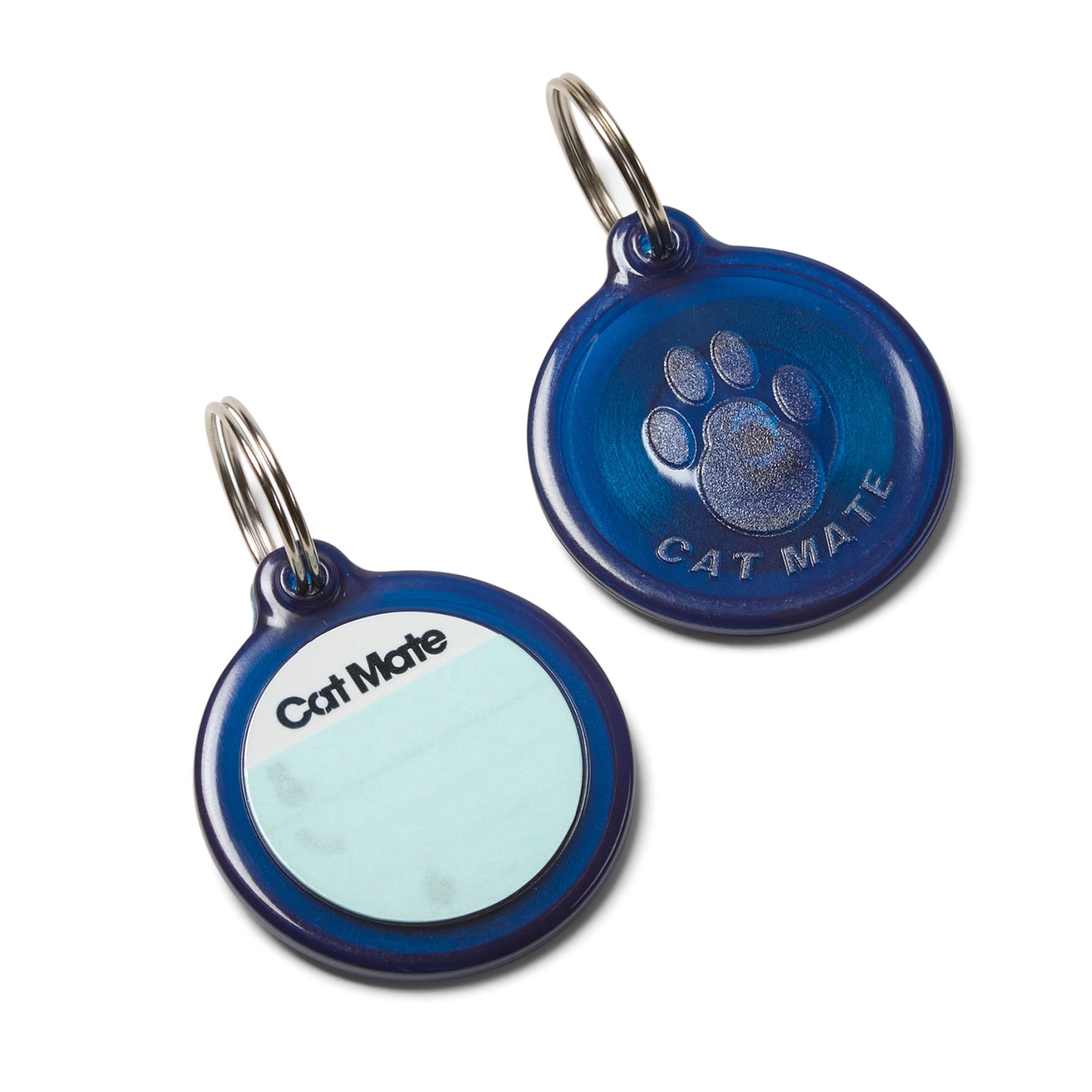 Two blue magnetic pet tags that are attched to the cats collar which activate the cat flap, decorated with a paw print in the centre and text on a white background