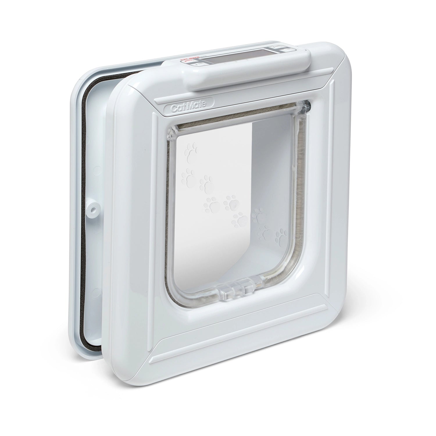 Side angle view of a pet door in white for average size cats with a clear flap and a timer at the top of the pet door, on a white background