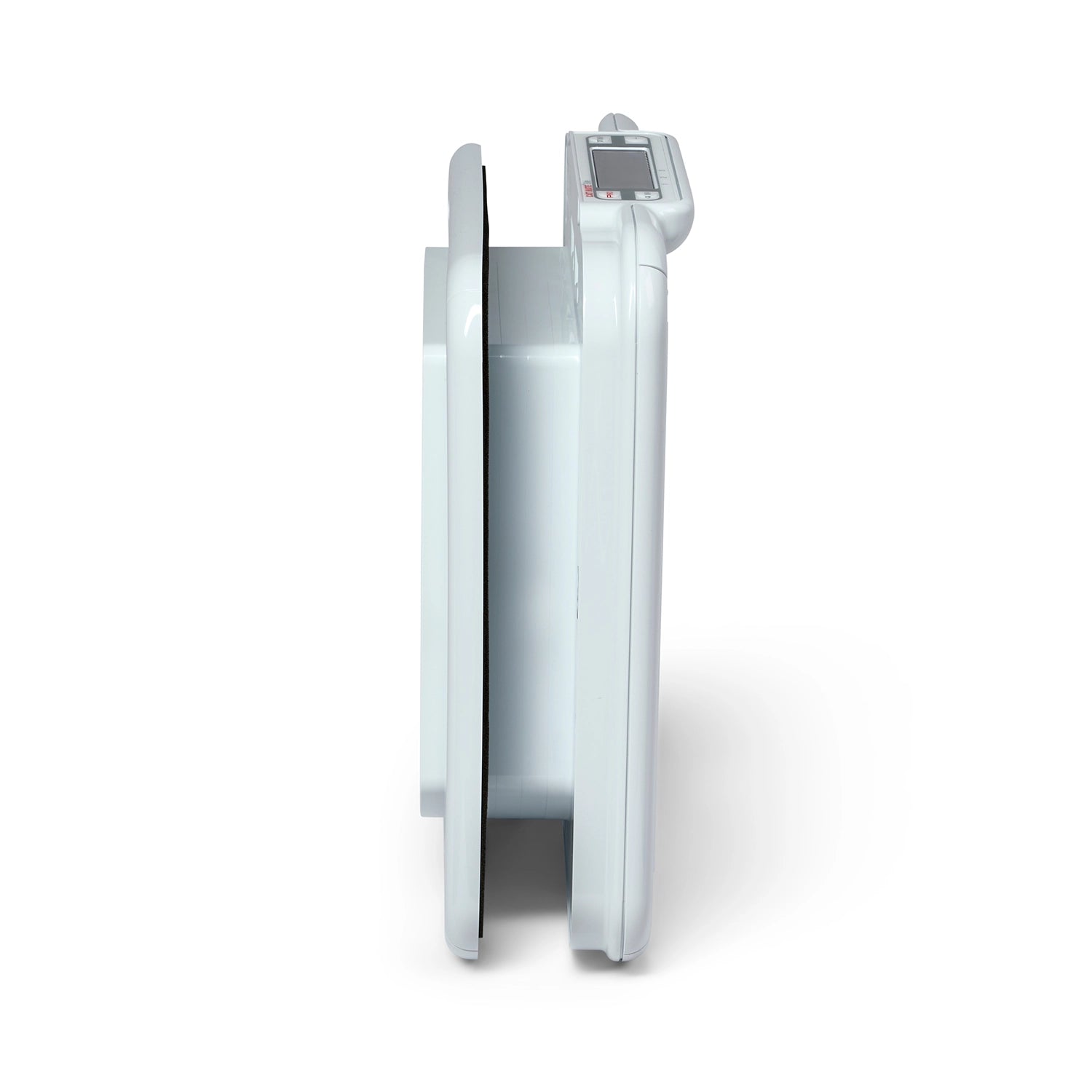 A side view of the white door frame for  average size cats with a timer visible at the top, on a white background 