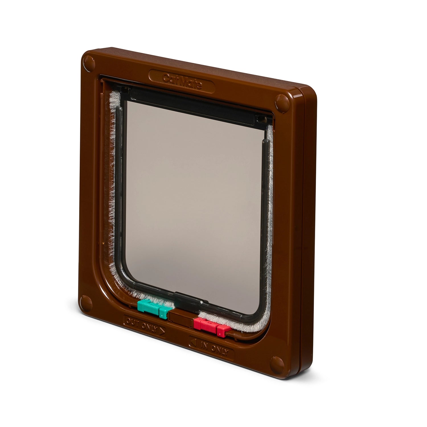 Side angle view of a pet door with a brown frame on a white background