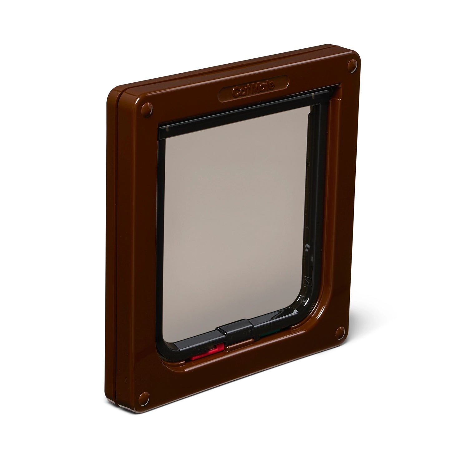 Brown pet door with a clear flap on a white background