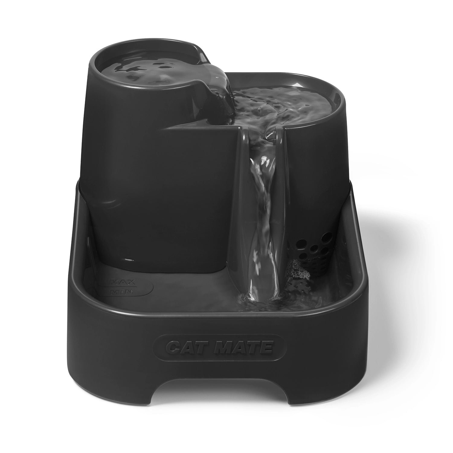 A dark grey cat water fountain with water flowing down all three levels on a white background 
