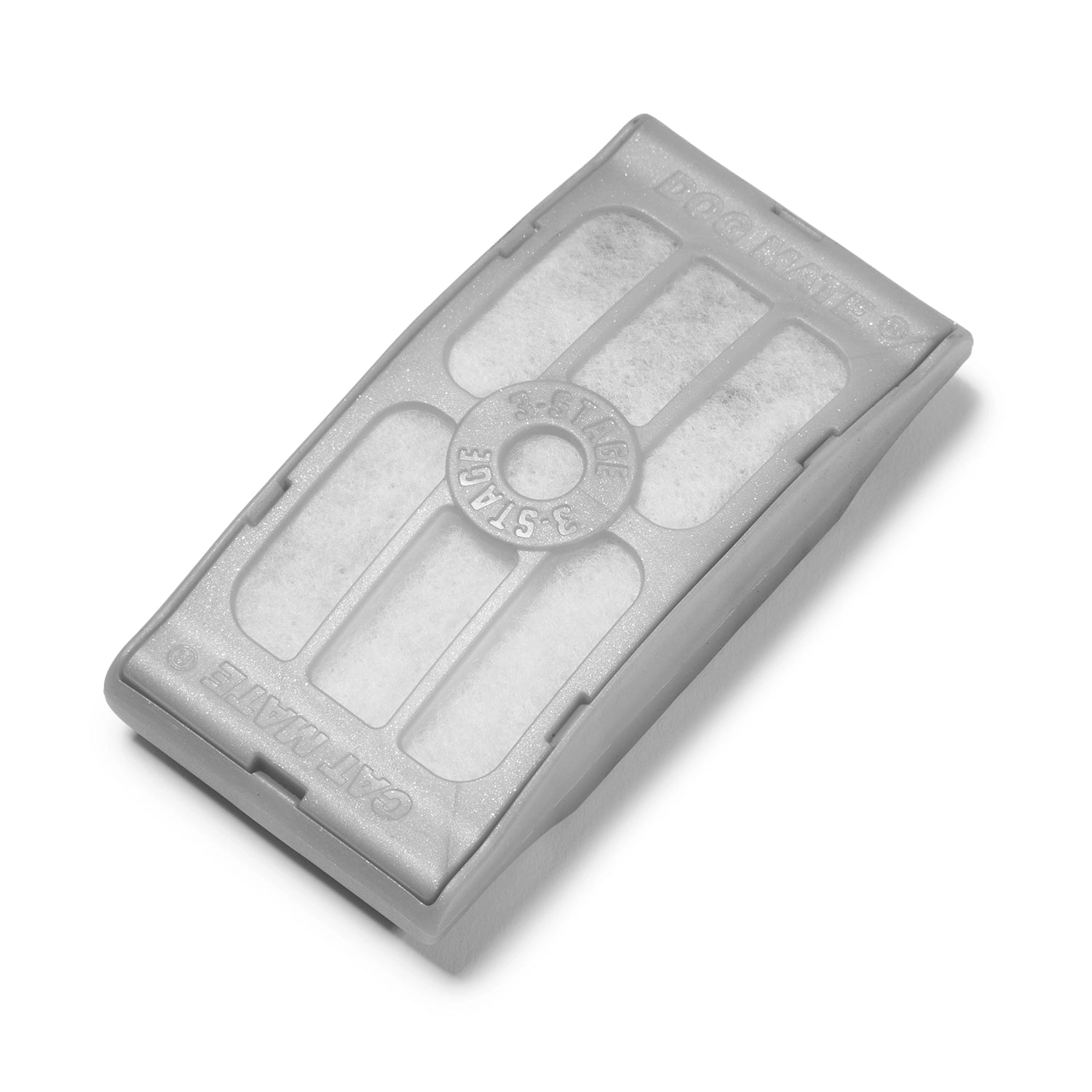 A grey filter cartridge casing in grey surrounding the white 3 stage sponge filter, on a white background 