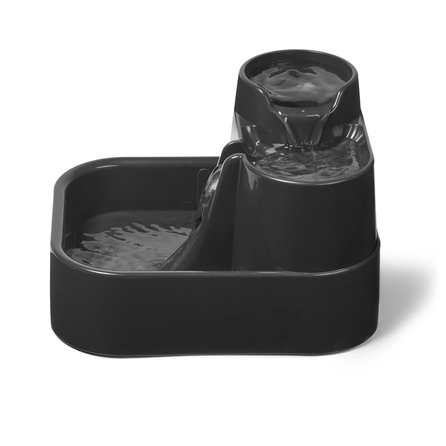 A side angle view of a dark grey pet water fountain with cascading water on a white background
