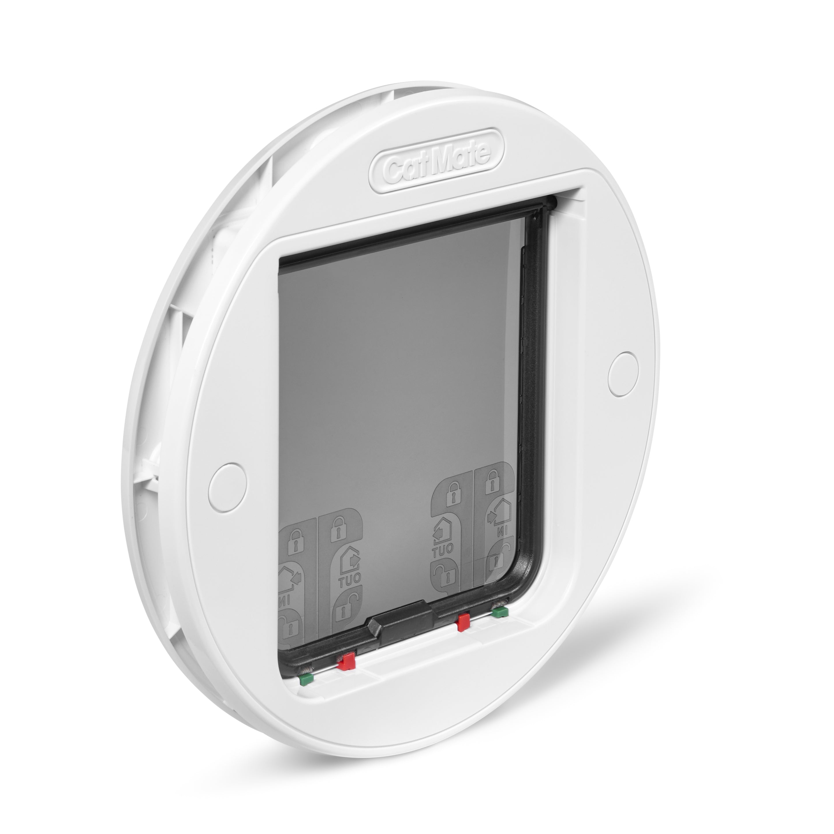 Pet door made by Cat Mate with a clear flap on a white background