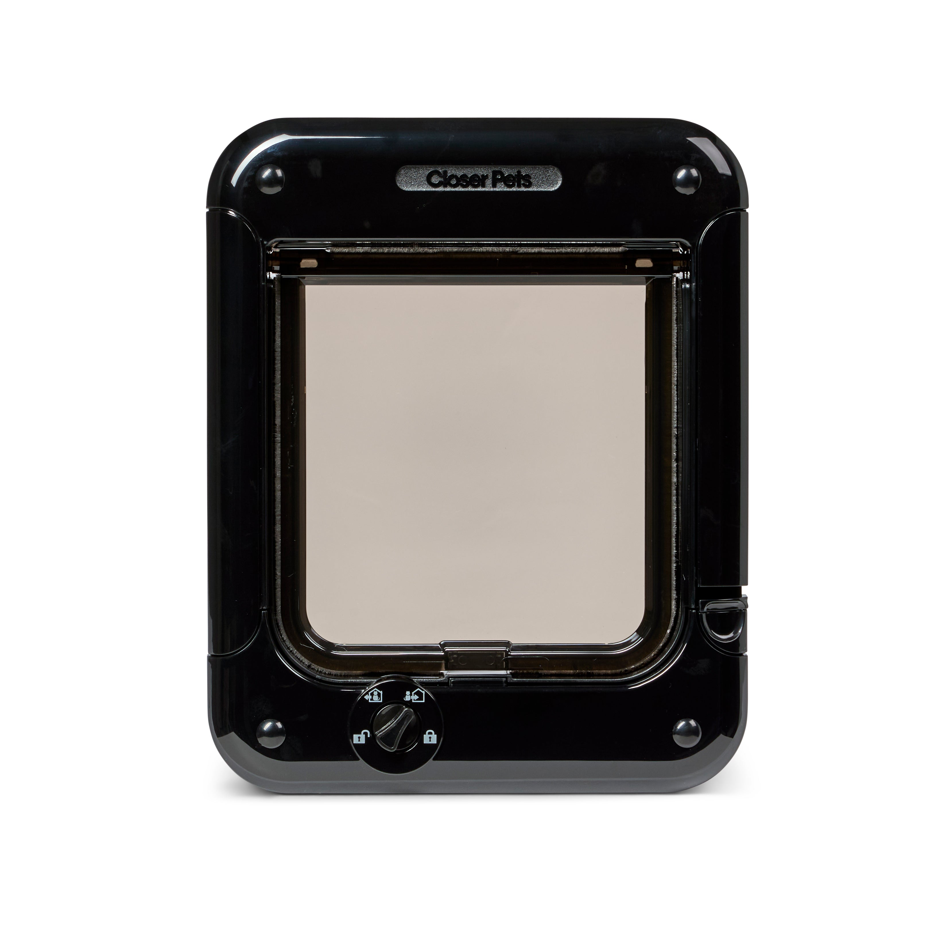 Black pet door for small to average size cats with a clear flap on a white background
