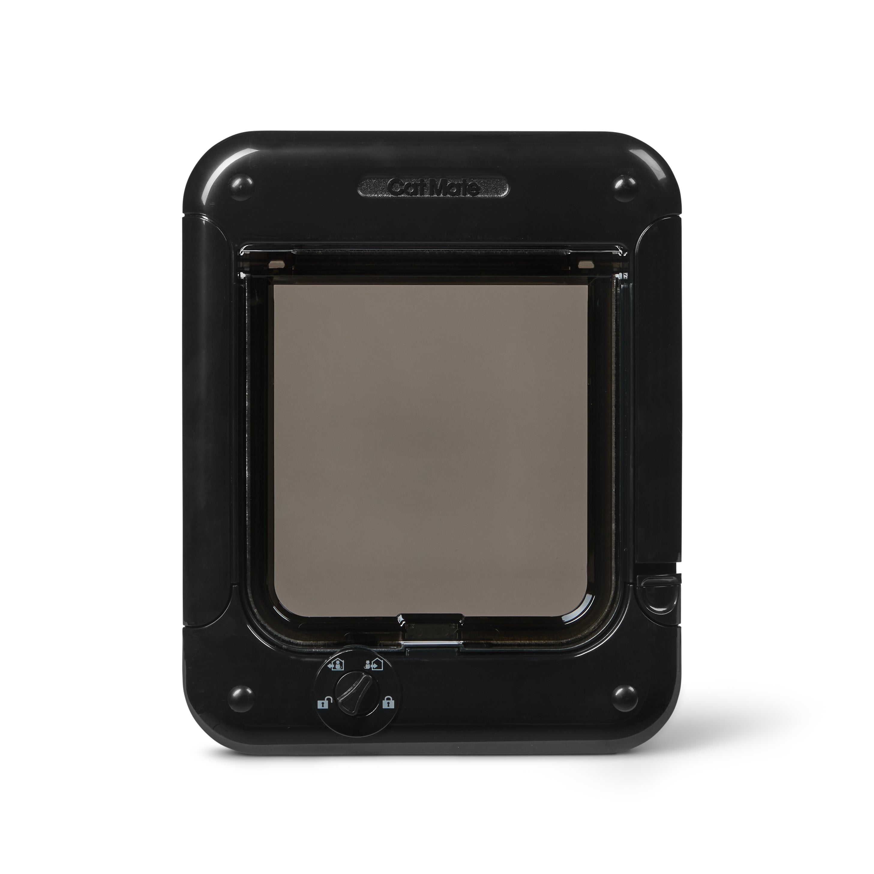 Black pet door with clear flap for small to average size on a white background