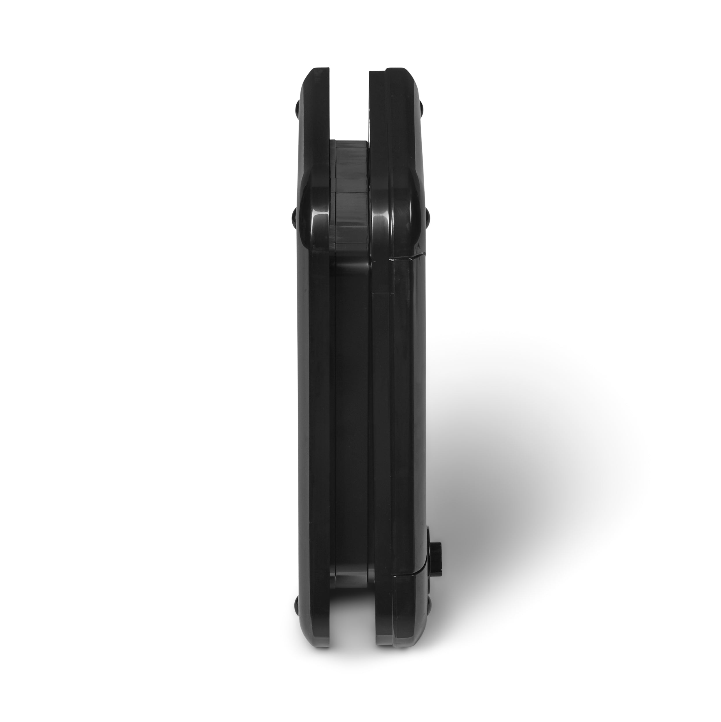 A profile view of the black cat flap made by Cat Mate which is self-lining up to two inches thick and is suitable for installation in to a wide variety of glass, door panel and wall types 