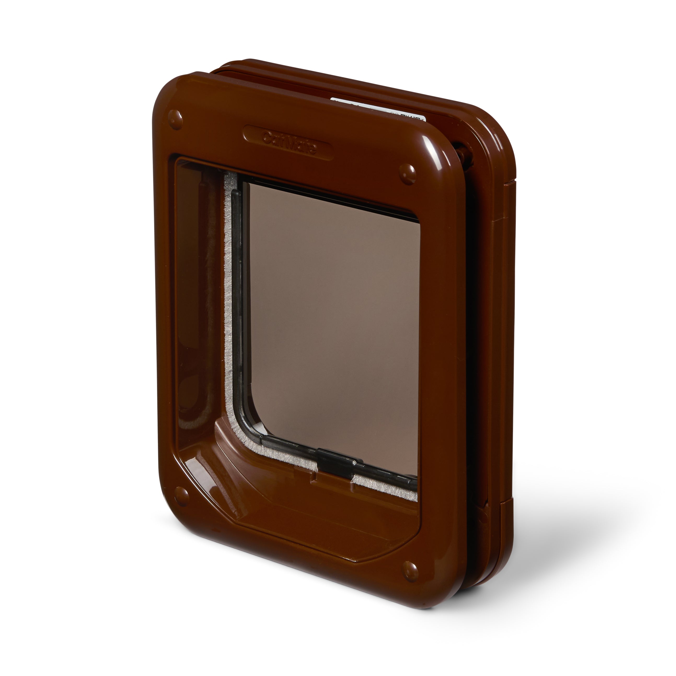 Brown pet flap for cats with draught-proof and weather-proof brushings on a white background 