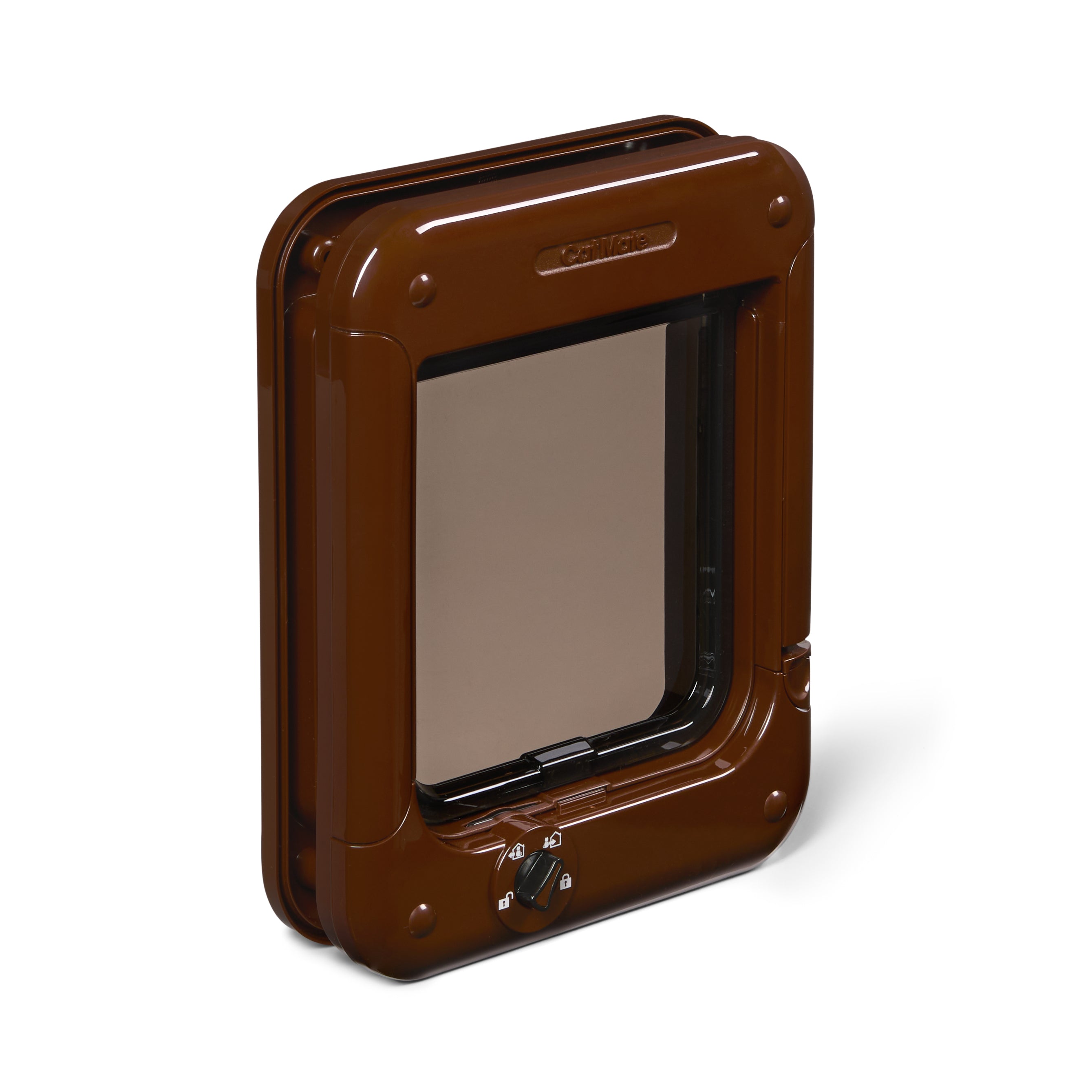 A side-angled view of the brown pet door made by Cat Mate on a white background 