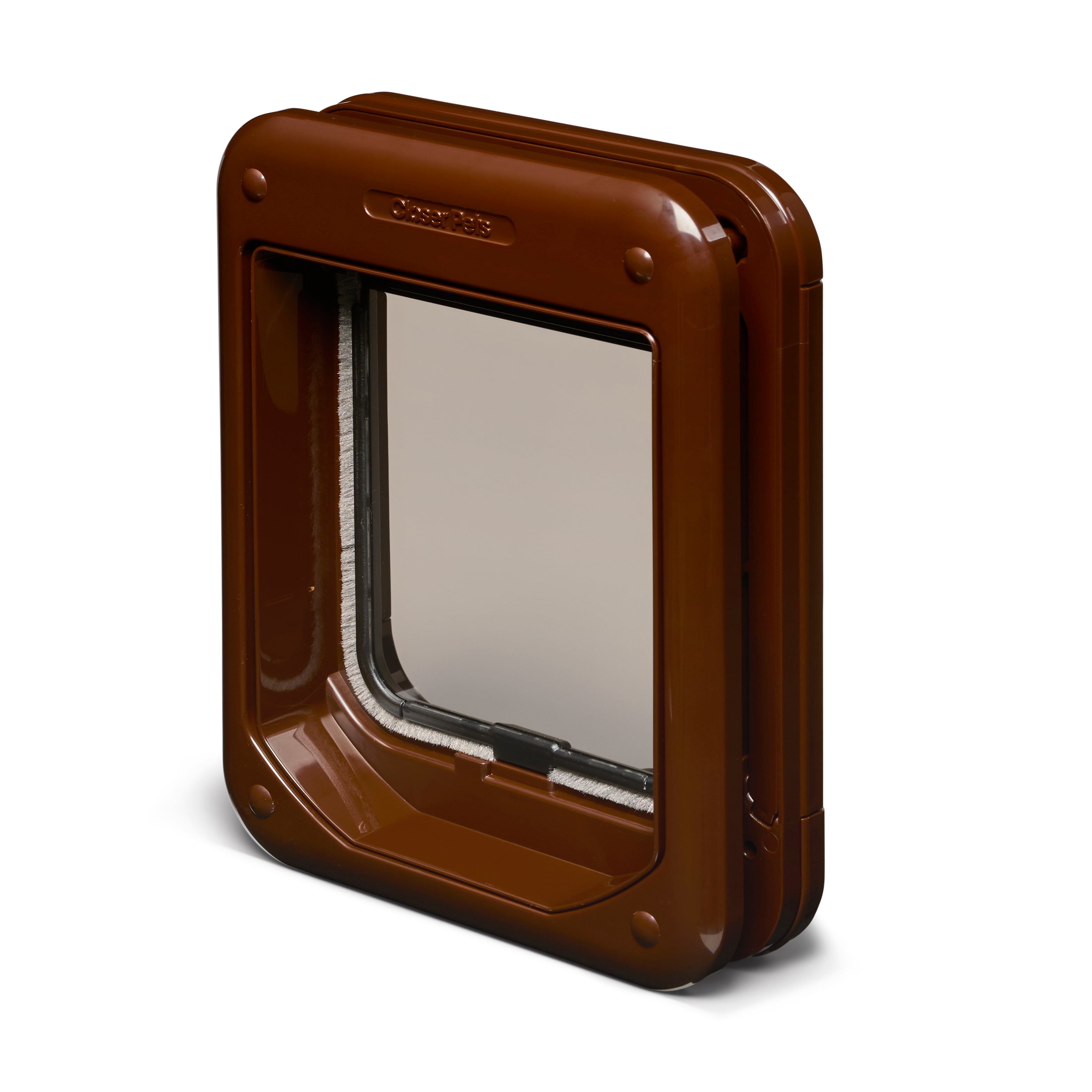 A side-angled view of the back of the cat flap made by Cat Mate on a white background 