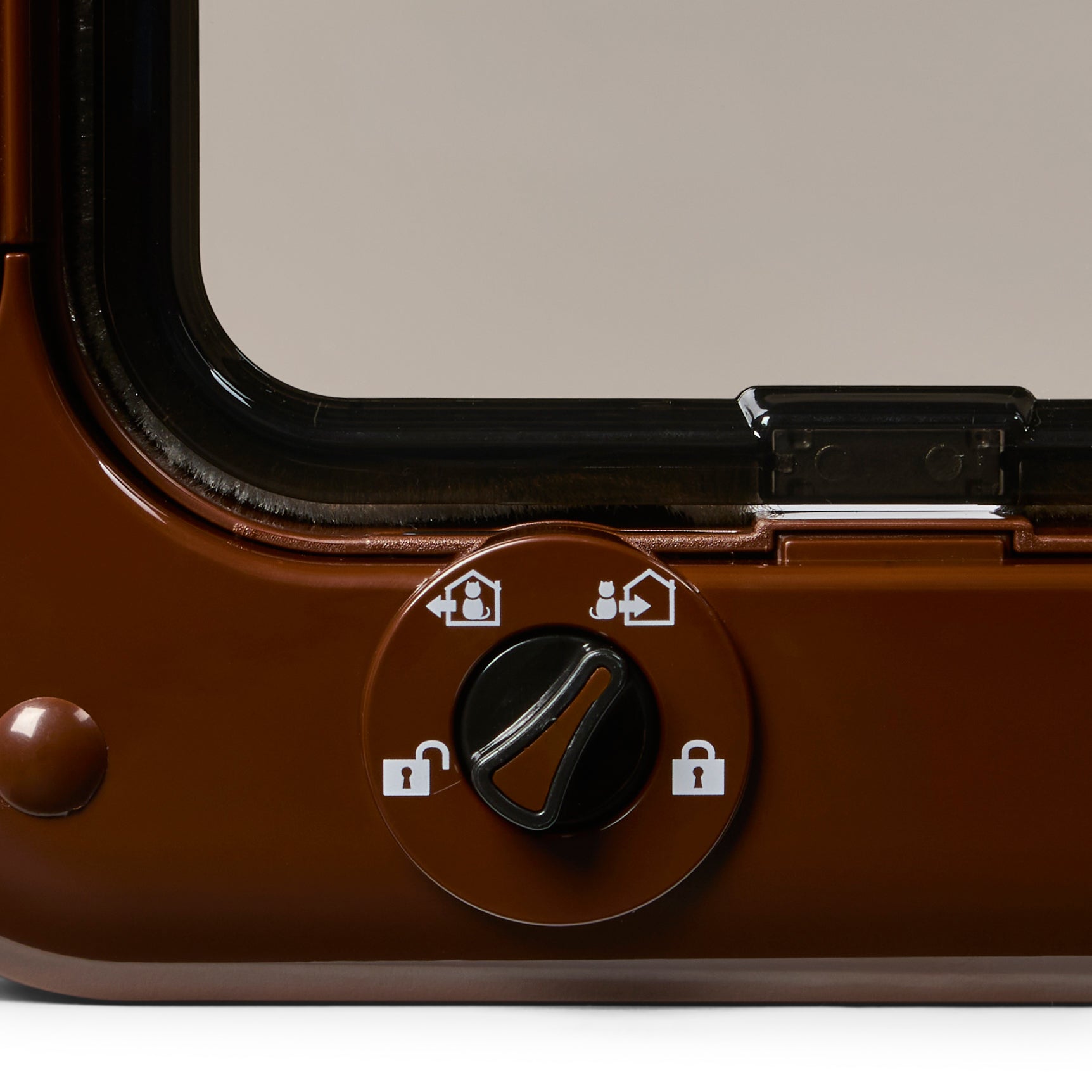 Close-up of a brown lock mechanism with icons on a beige background