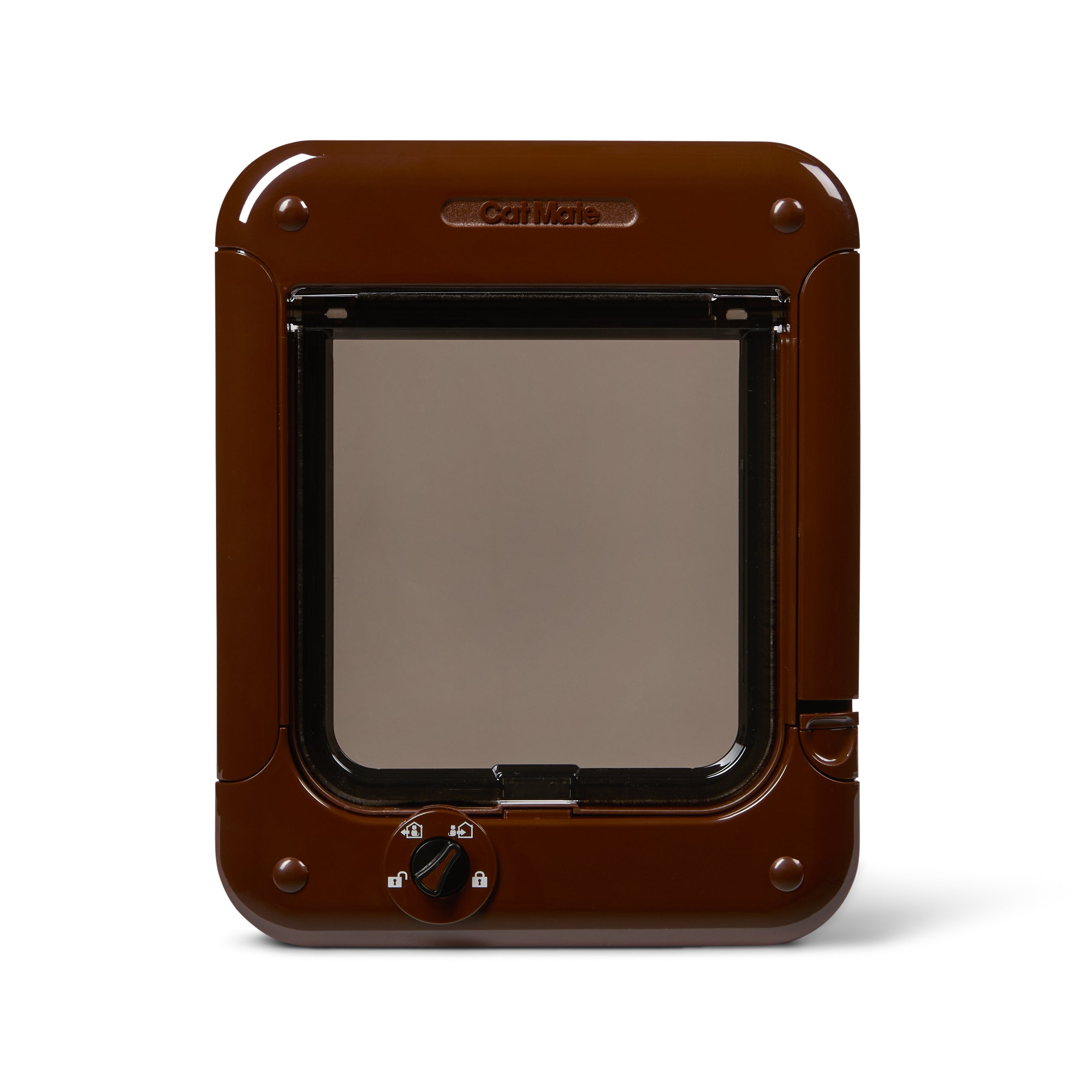 A front view of the brown pet door frame and clear plastic flap which has a four-way manual lock and is suitable for average size cats 