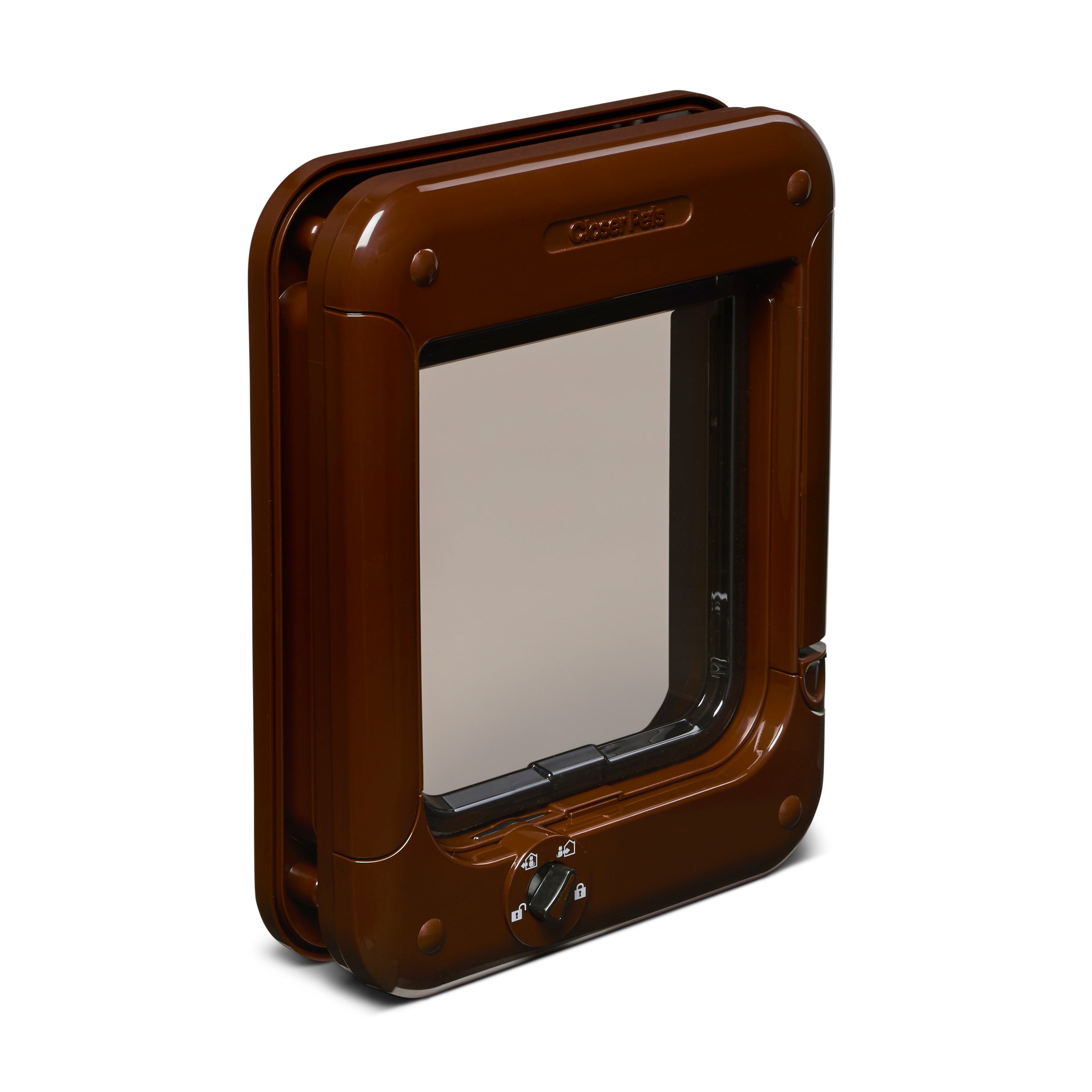 An angled view of the brown cat flap which can be used by small to average size cats on a white background 