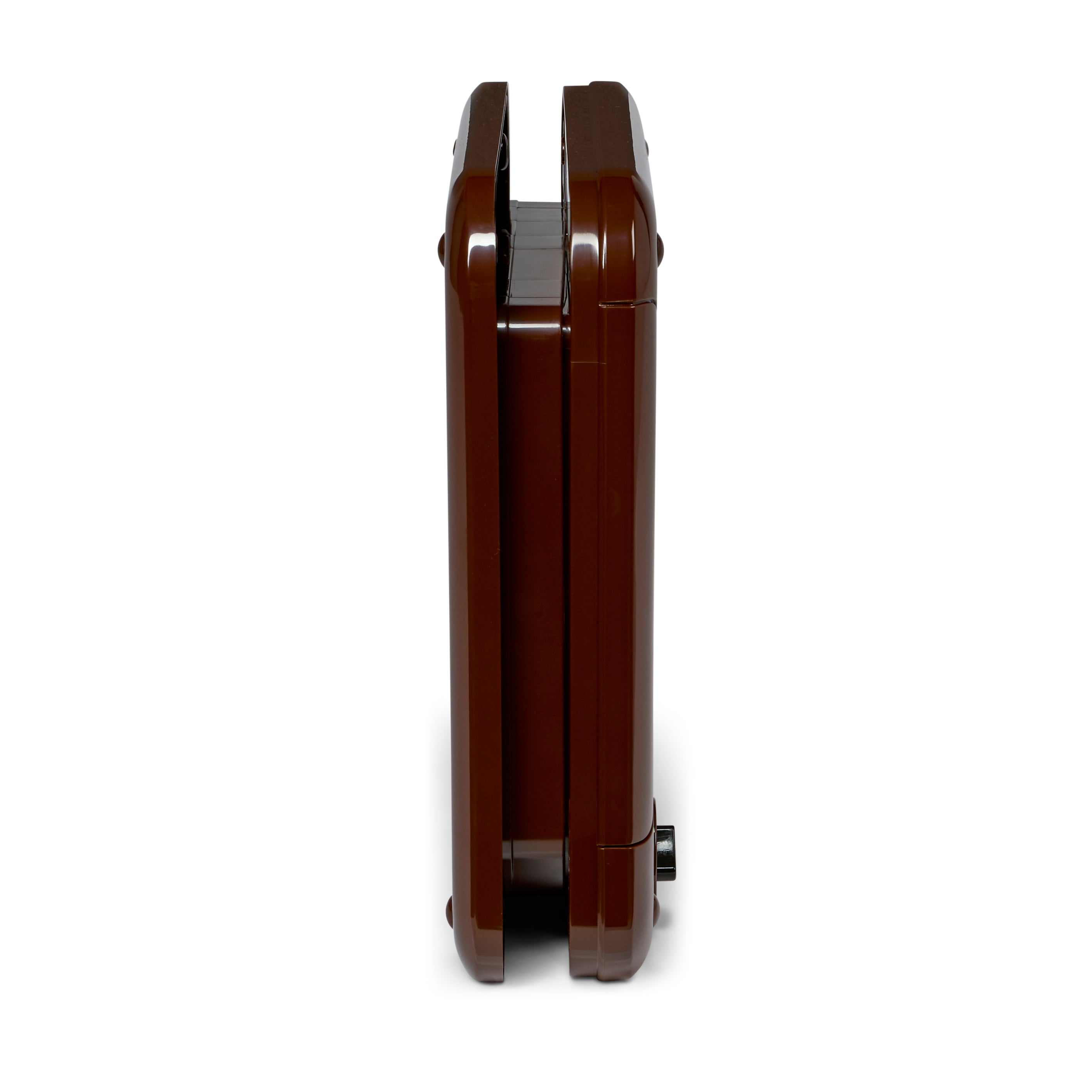 A profile view of the brown cat flap made by Cat Mate which is self-lining up to two inches thick and can be installed into all doors, panels and walls, on a white background 