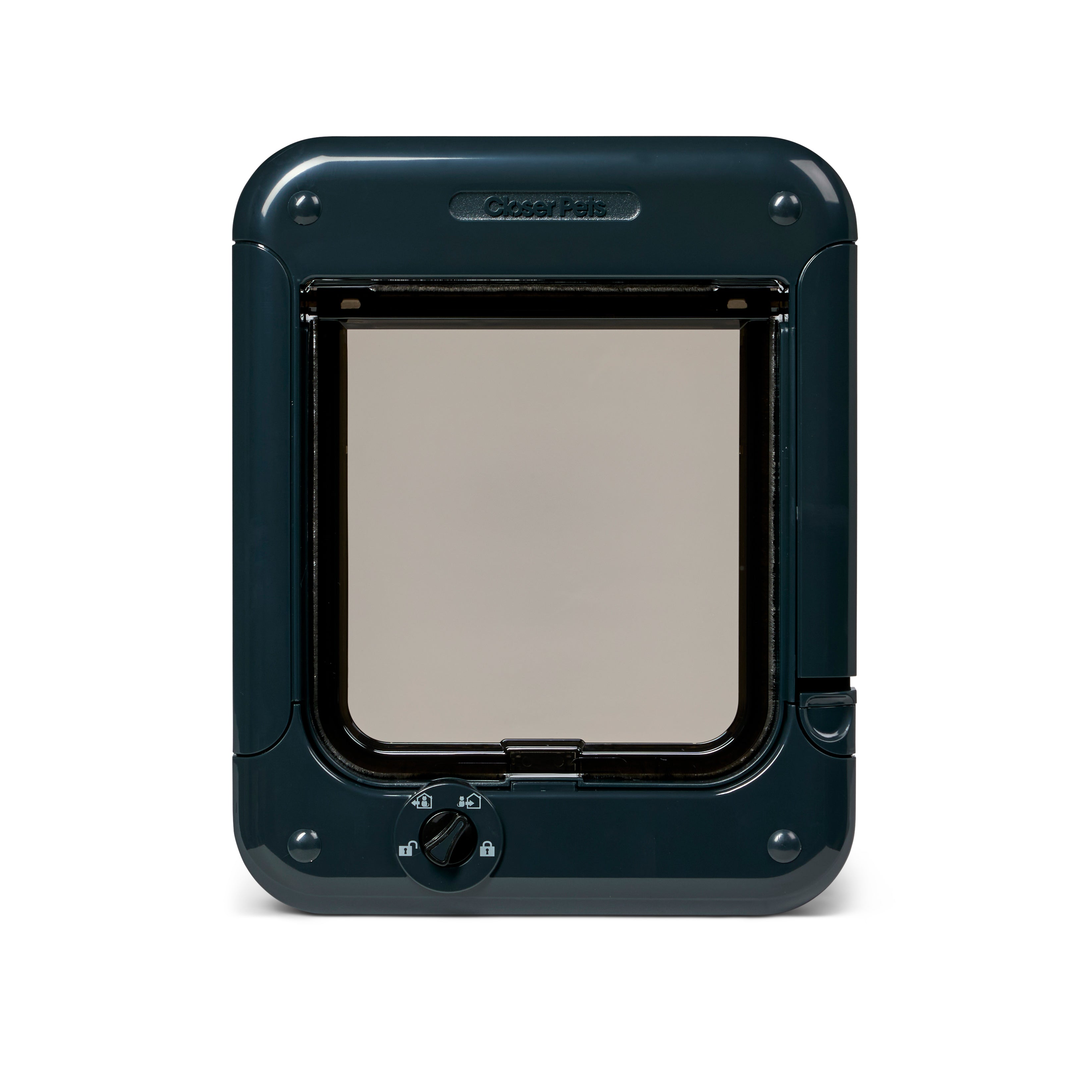 A grey manual pet door frame and clear flap for small to average size cats on a white background 