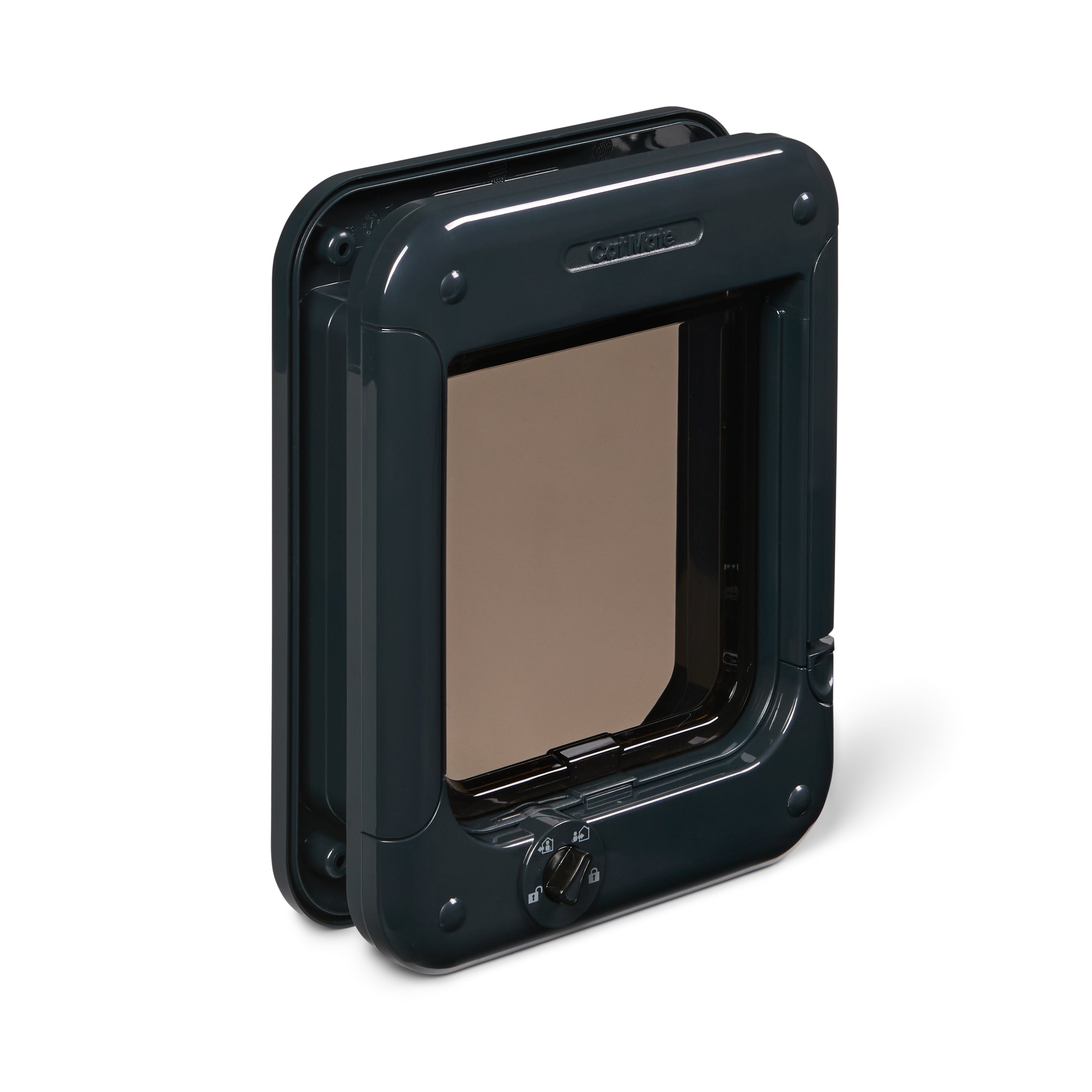 A grey pet door frame with a clear flap and manual lock on a white background 
