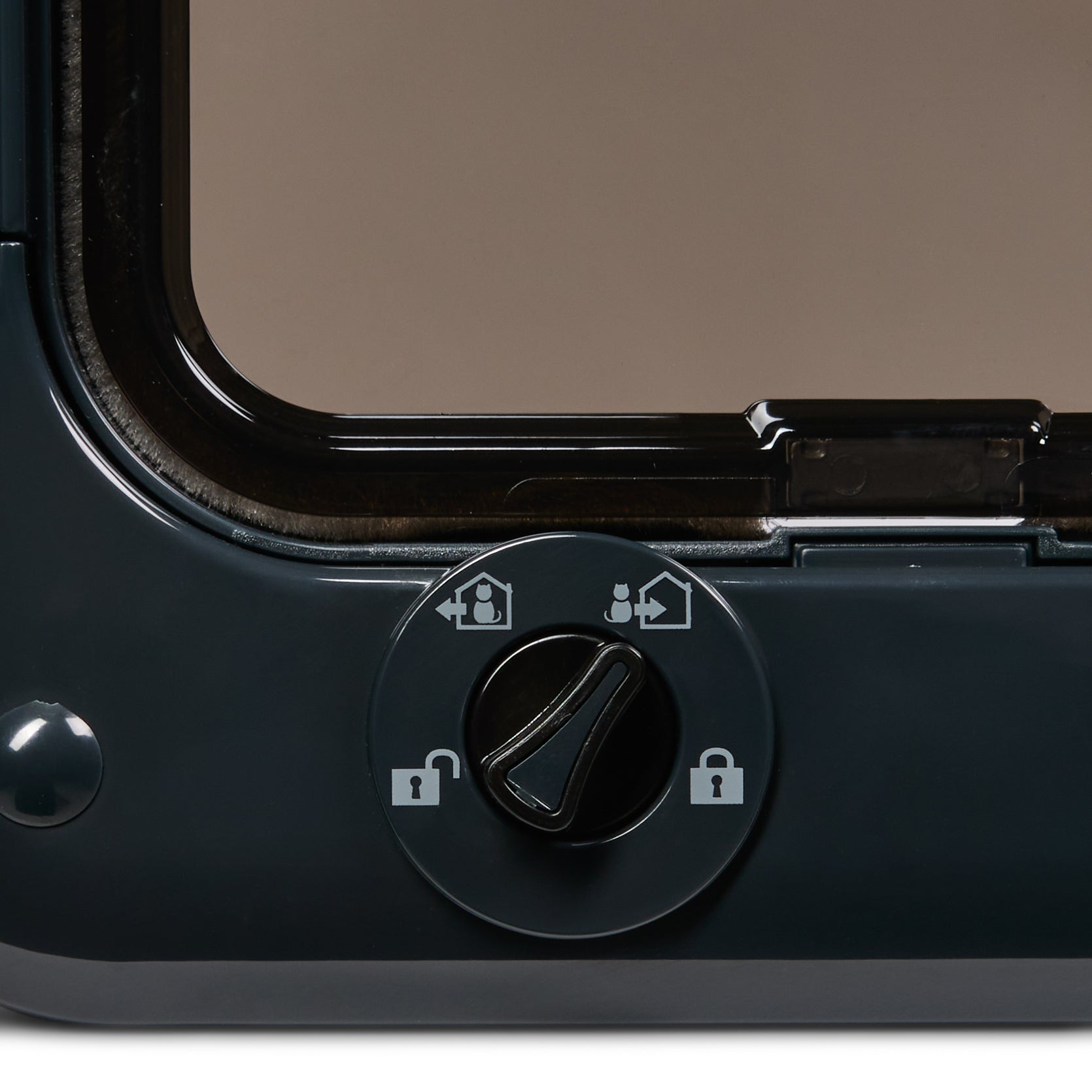 Close-up view of the grey manual lock and four white icons displaying the different locking modes 'in only', 'locked', 'unlocked' and 'out only'