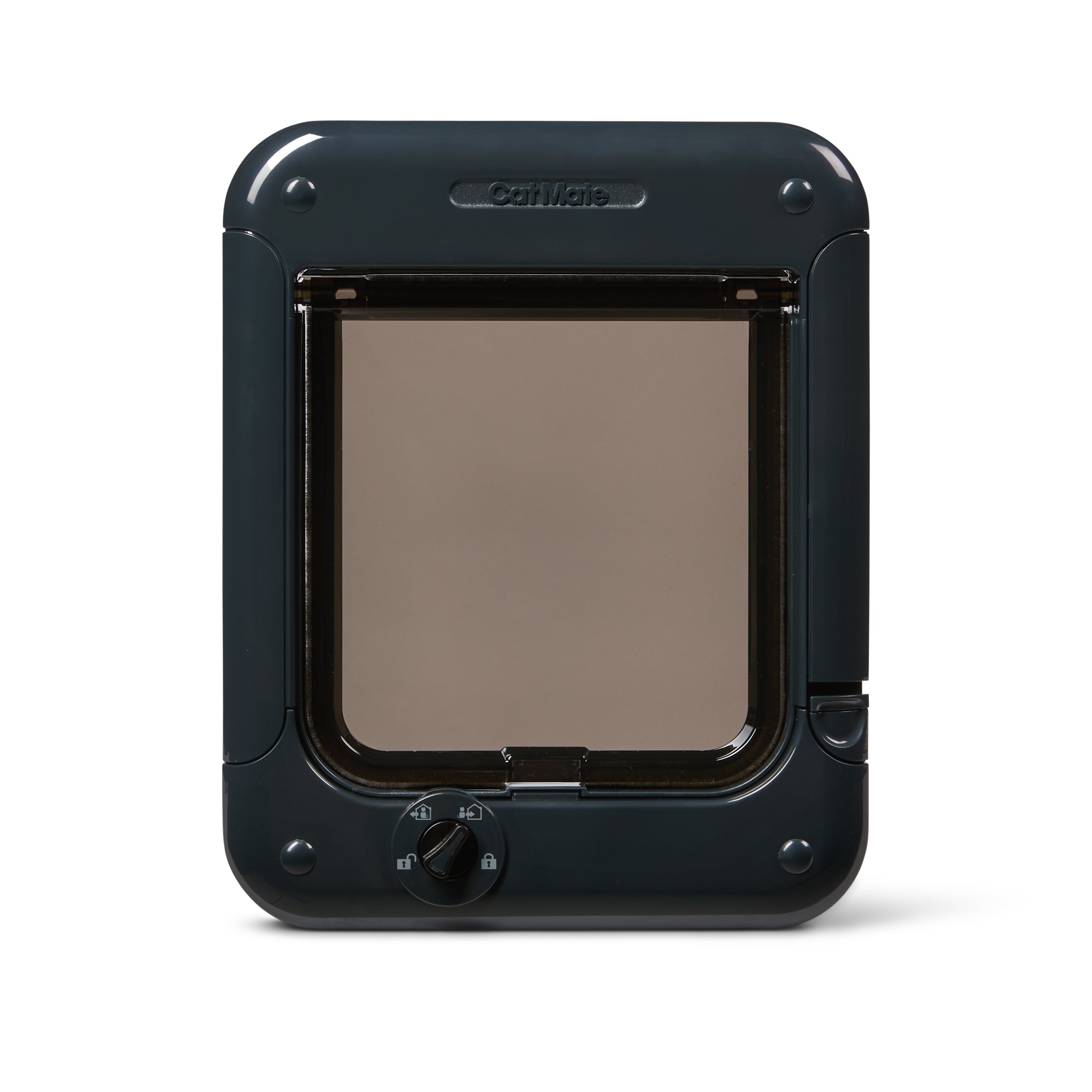 A grey manual locking cat frame and clear flap made by Cat Mate with four different locking options which is suitable for small to average size cats