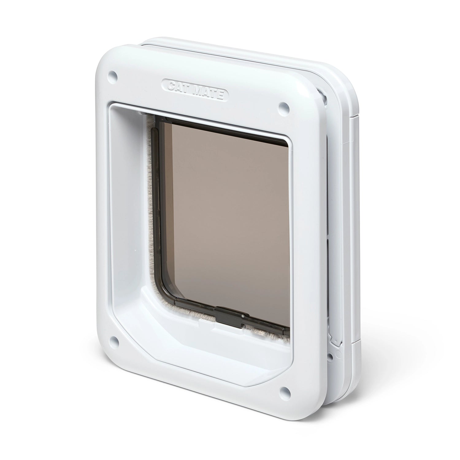 A Cat Mate branded pet door suitable for small to average size cats , with a white frame and transparent flap on a white background