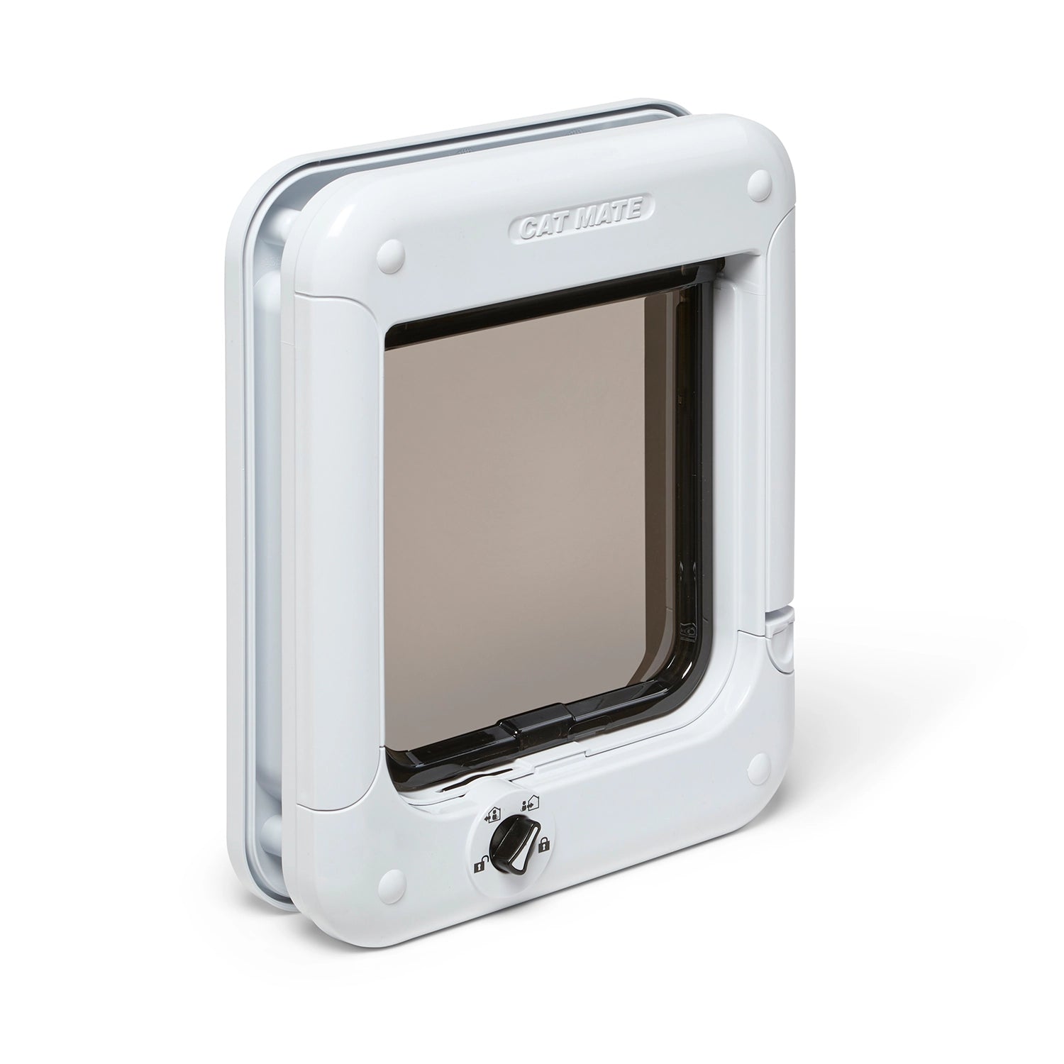 A front angle of the Cat Mate branded Pet door  for average size cats, with a clear flap on a white background