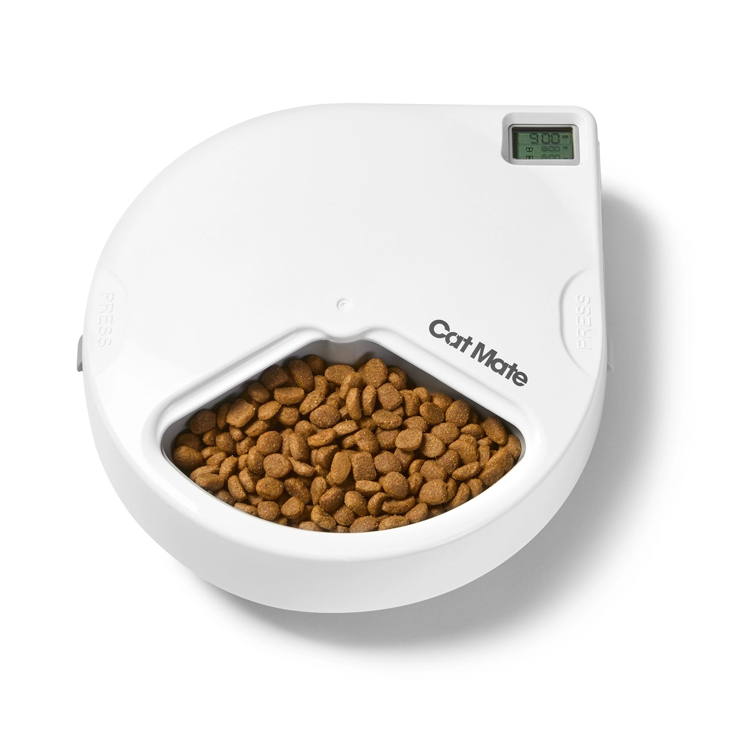 White pet feeder with dry cat food and 'Cat Mate' branding on a white background