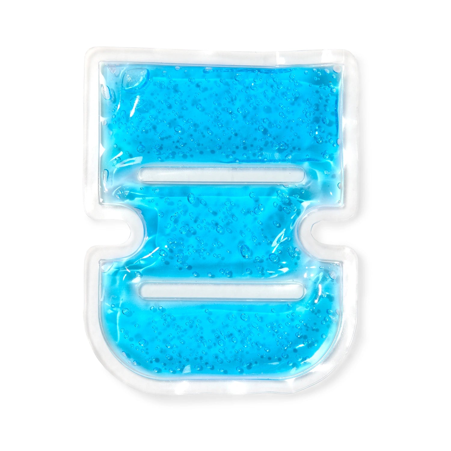 Blue gel pack in a clear plastic container on a white background