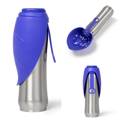 Silver tumbler with blue silicone sleeve and accessories on a white background