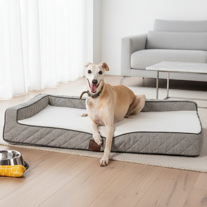 A tan and white Greyhound wearing a collar sits with its mouth open on an OrthoLuxe pet mattress in a bright, minimalist living room. The bed features quilted grey fabric bolster sides, a cream-colored sleeping surface with dark piping, and a brown leather accent tag. The dog is positioned on light wood flooring with a beige area rug, near white curtains and a modern grey sofa. In the foreground are stainless steel food and water bowls with a yellow bone-shaped toy.