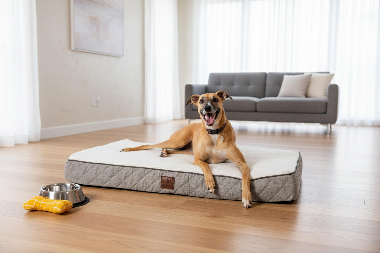 Dog lying on a quilted pet bed in a living room with a couch and toys.