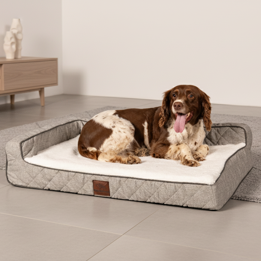 A brown and white English Springer Spaniel with its tongue out lies contentedly on an OrthoLuxe pet mattress. The bed features quilted grey fabric bolster sides, a plush cream-colored sleeping surface with dark piping, and a brown leather accent tag. The mattress is positioned on beige tile flooring at the edge of a grey area rug in a minimalist room with white walls, a mid-century modern wooden media console with white decorative objects.