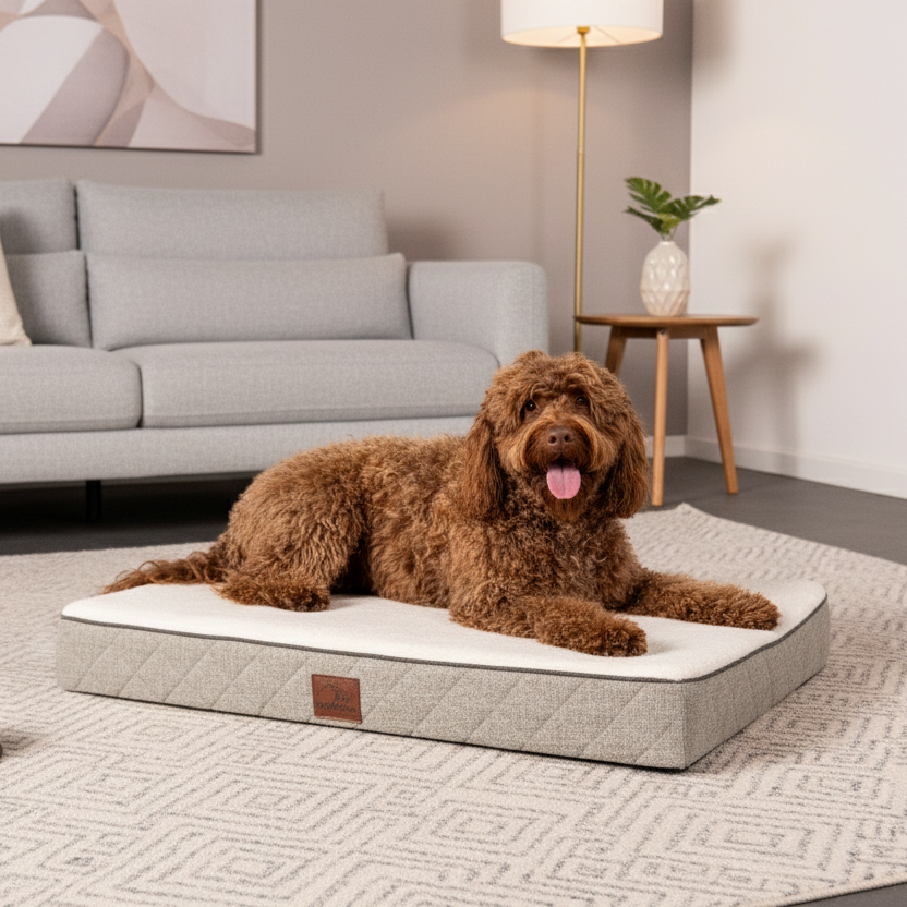 A curly-haired brown dog lies on a rectangular grey sided OrthoLuxe rectangular pet bed on a light rug in a modern living room, with a grey sofa, floor lamp, side table with a plant, and a metal food bowl nearby.