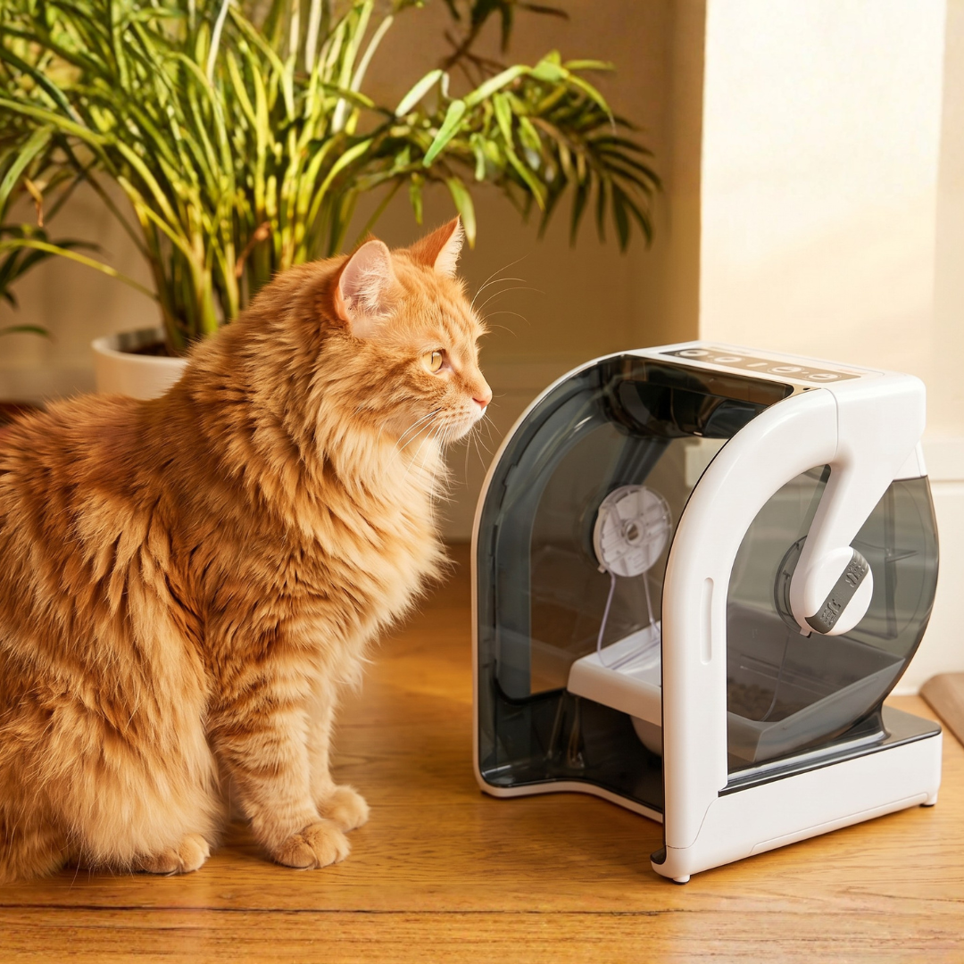 A long haired ginger cat interacting with a Closer Pets MiBowl Microchip Pet Feeder in a kitchen with a wooden floor.