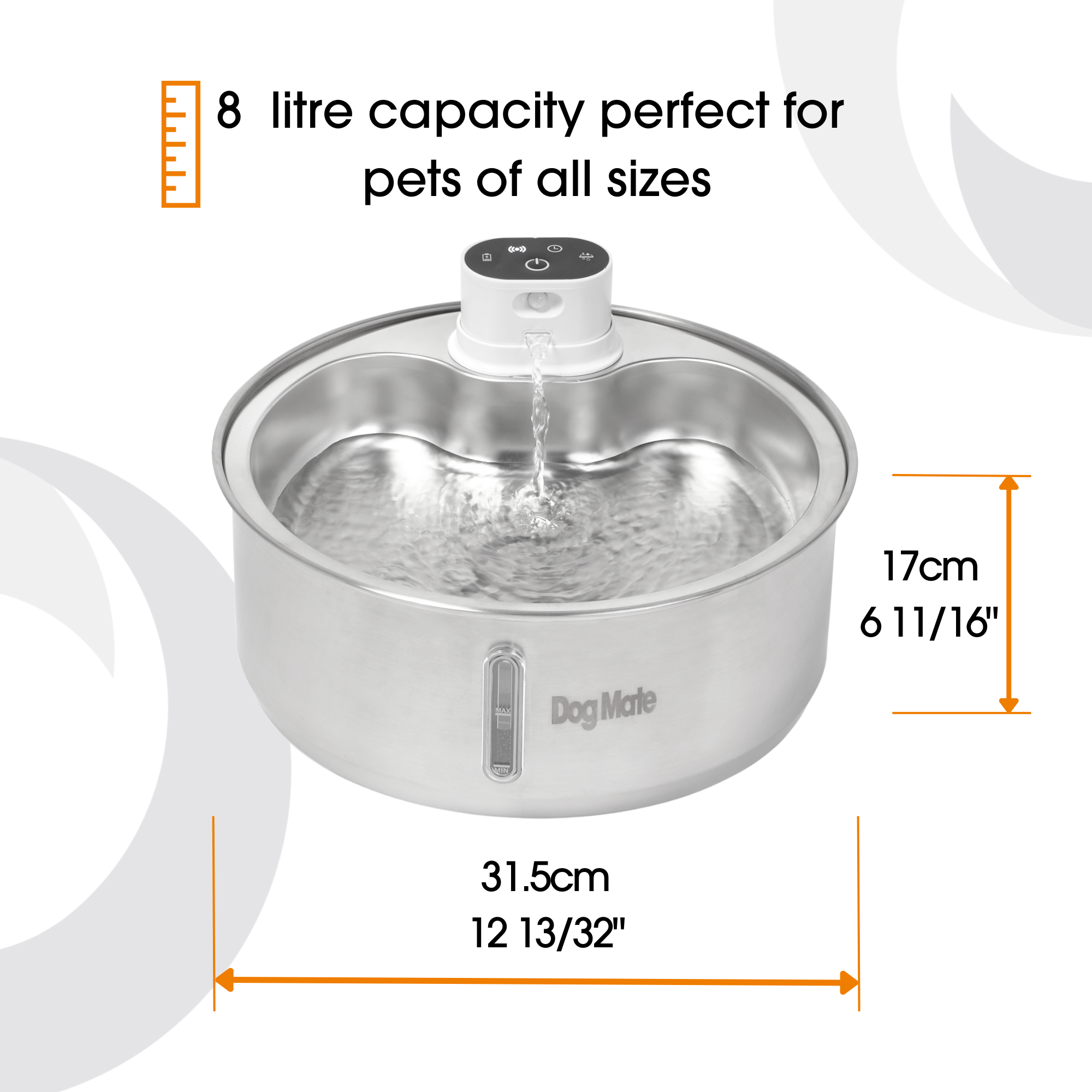 Dog Mate 8 Litre Stainless Steel Cordless Pet Water Fountain