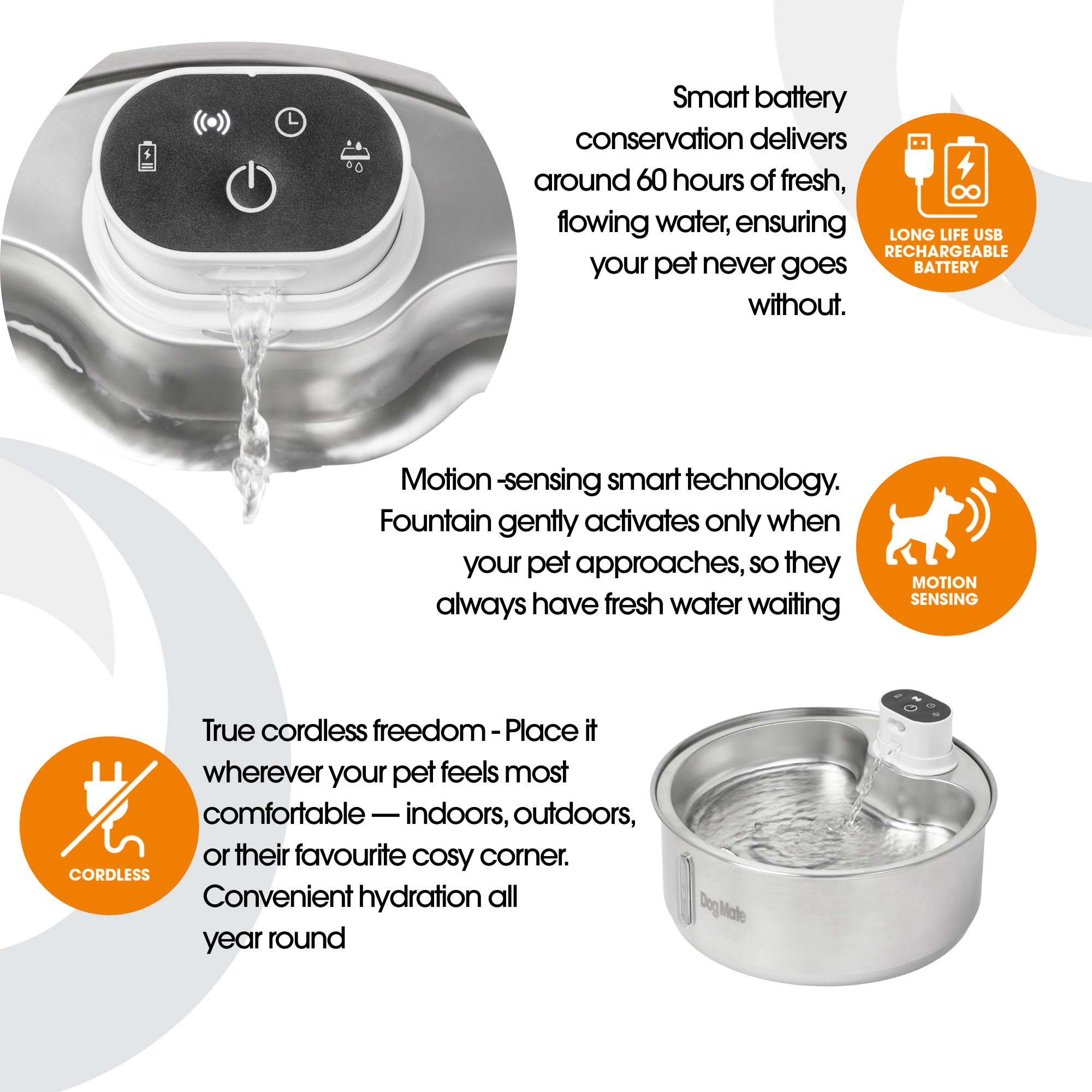**PRE-ORDER SHIPS FROM EARLY MARCH** Dog Mate 8 Litre Stainless Steel Cordless Pet Water Fountain