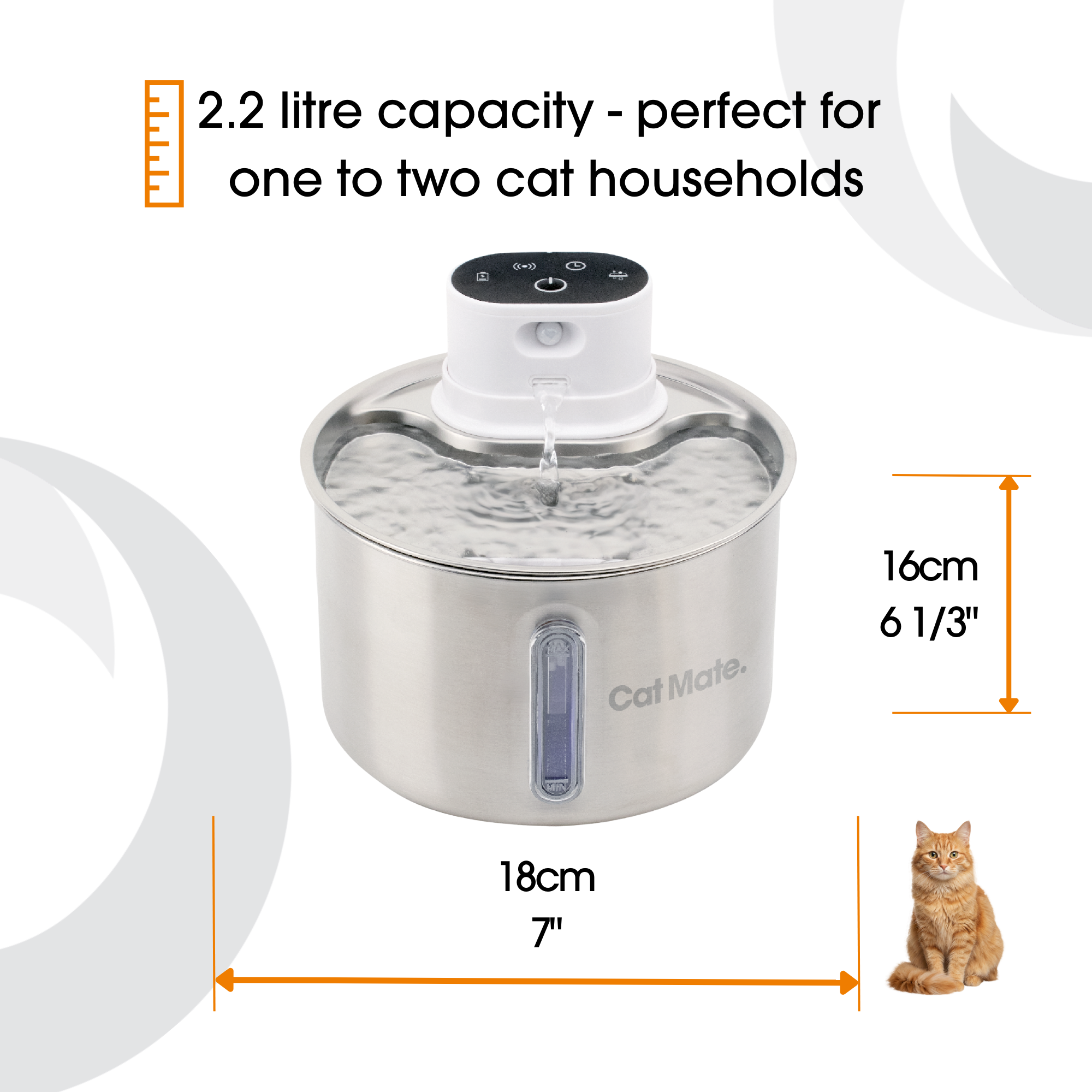 ** Pre-Order - Shipping From 26th March** Cat Mate 2.2 Litre Stainless Steel Cordless Cat Water Fountain