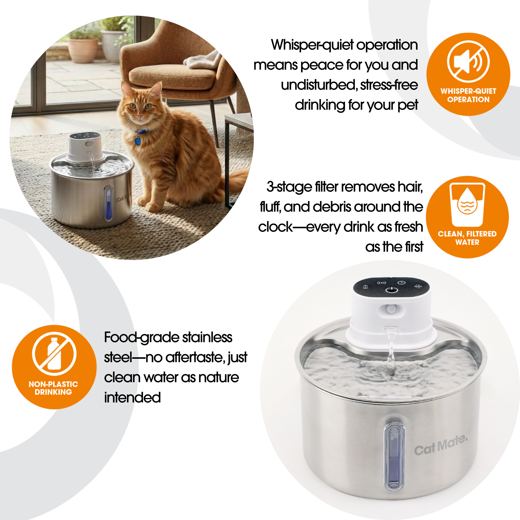 ** Pre-Order - Shipping From 26th March** Cat Mate 2.2 Litre Stainless Steel Cordless Cat Water Fountain