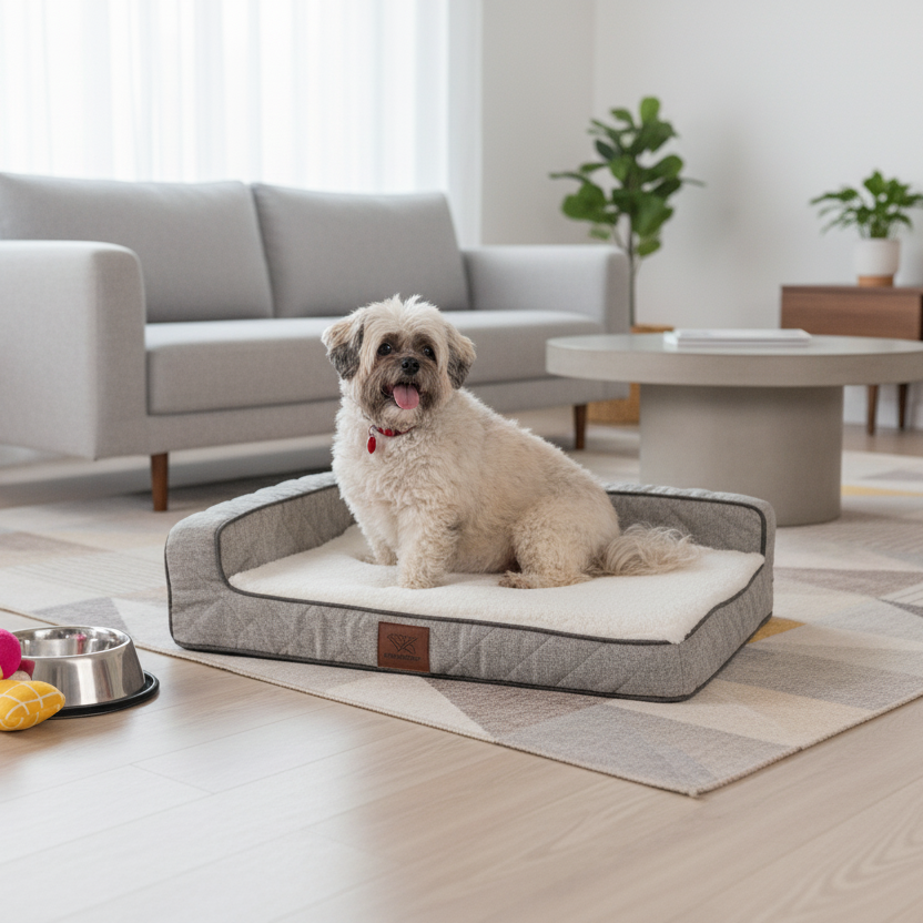 A small white fluffy dog wearing a red collar sits happily with its tongue out on an OrthoLuxe pet mattress featuring quilted grey bolster sides, a cream-colored sleeping surface with dark piping, and a brown leather accent tag. The bed is positioned on light wood flooring with a beige area rug in a bright, modern living room. In the foreground are colourful dog toys (blue, pink, and yellow) next to stainless steel food and water bowls on a black mat. 