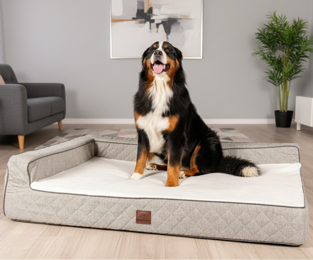 A Bernese Mountain Dog with black, white, and rust-coloured markings sits attentively with its mouth open on an OrthoLuxe pet mattress. The bed features quilted grey fabric bolster sides, a cream-colored sleeping surface with dark piping, and a brown leather accent tag. 