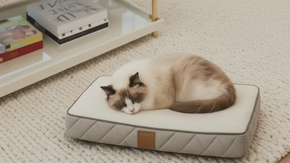 Video showing a Ragdoll or Birman cat with cream-colored fur and brown points sleeping curled up on an OrthoLuxe pet mattress. The mattress features a quilted grey base with a brown leather accent tag and a cream-colored top surface with grey piping. The bed is positioned on a textured white area rug next to a low white shelving unit with books and a wooden desk lamp. Video duration: 5 seconds.