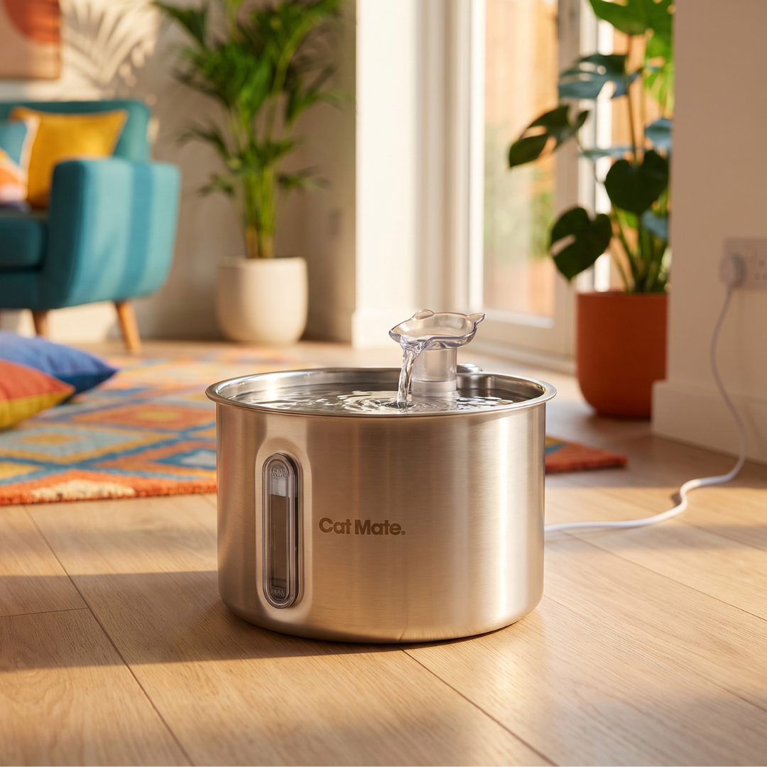 A stainless steel Cat Mate pet water fountain with a clear cat-head shaped spout, placed on a light wood floor in a bright, modern living room, showing the white power cord plugged into the wall. 