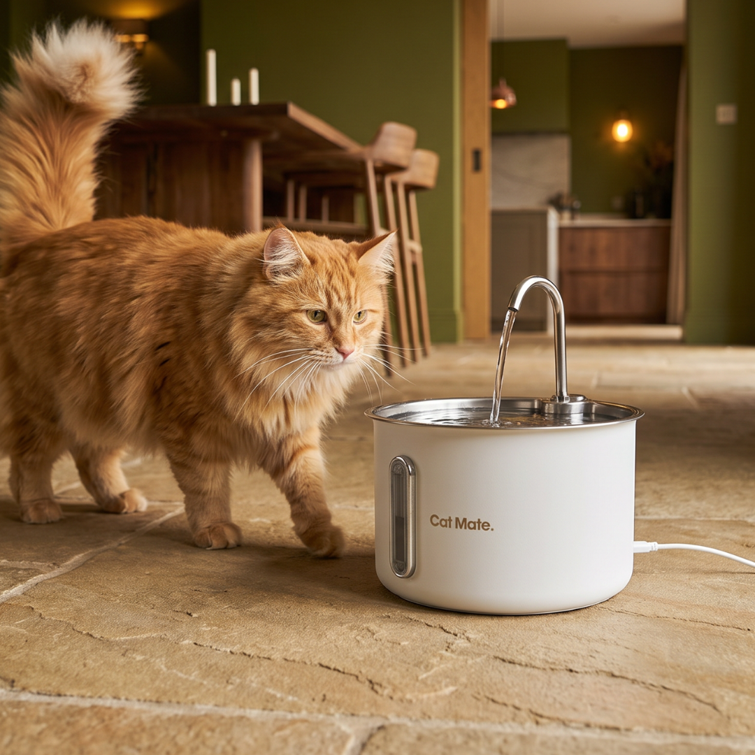 An orange long-haired cat stands beside a white Cat Mate electric corded pet water fountain with an interchangeable metal spout in a modern home interior.