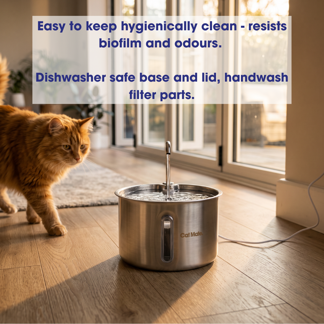 A Cat Mate stainless steel pet water fountain with a 2.2L capacity sits on a wood floor in a bright room, with an orange longhaired tabby walking towards it. Blue text at the top explains benefits about hygiene, biofilm, odours, dishwasher safety, and washable filter parts.