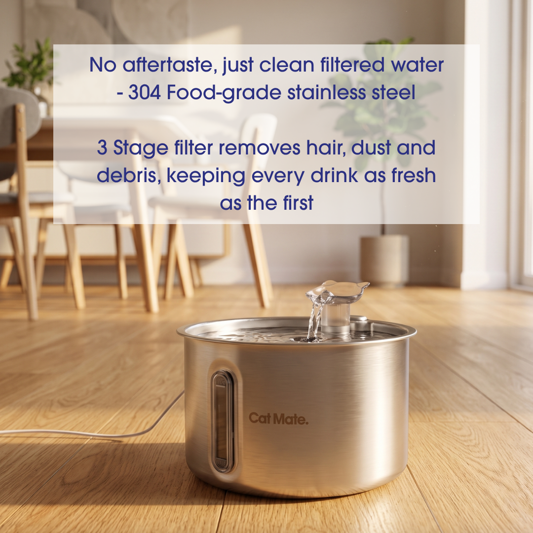 A stainless steel Cat Mate pet water fountain with an interchangeable water spout sits on a wooden floor in a bright modern room. Blue text on a semi-transparent white box at the top describes the product benefits, and the brand name Cal Male is visible on the front of the fountain