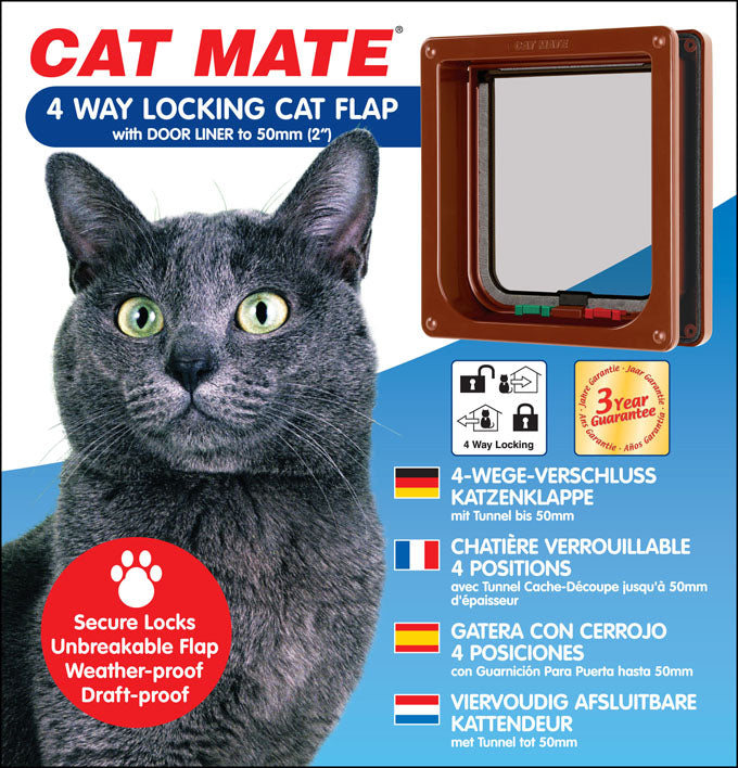 Cat Mate 4-Way-Locking Cat Flap with Liner to 50mm (2 inches) – Brown (235B)